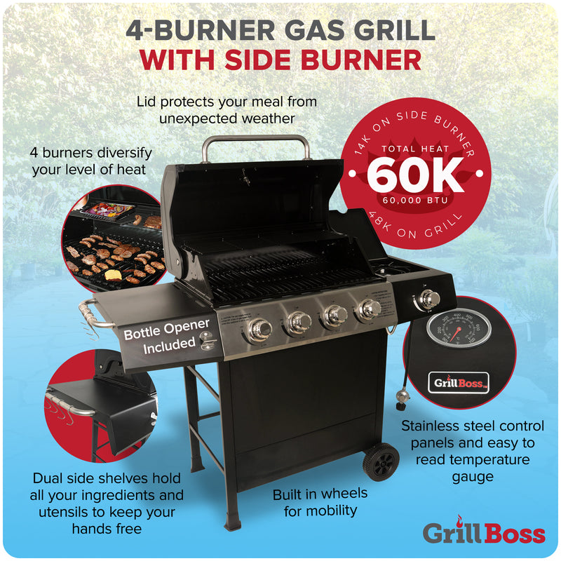 Grill Boss 4-Burner Gas Grill with Side Burner, Cover, Shelves, & Bottle Opener