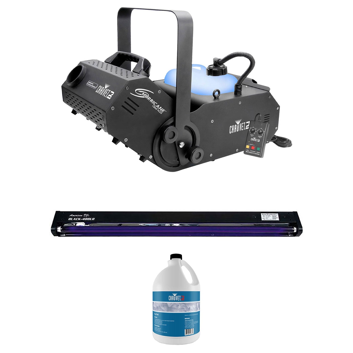Chauvet DJ Hurricane 1800 DMX Fog Machine + 48 Inch UV Black Light + Fog Juice