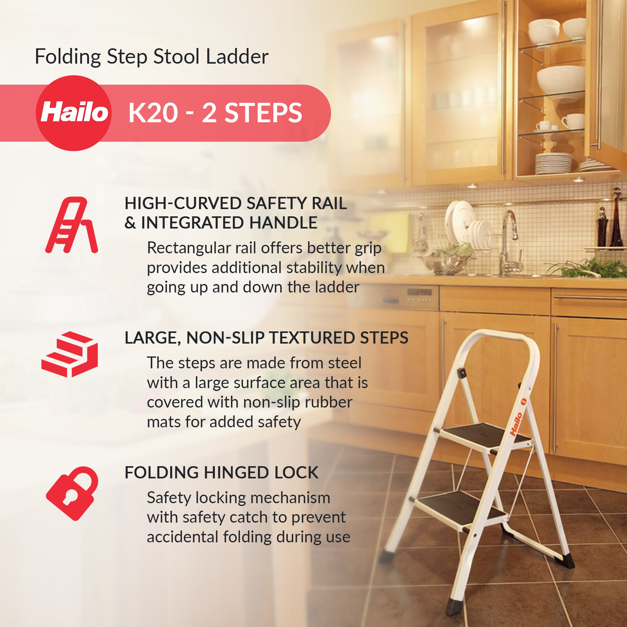 Hailo Folding Step Stool, Non-Slip 2 Step Ladder for Home & Kitchen (Open Box) - VMInnovations
