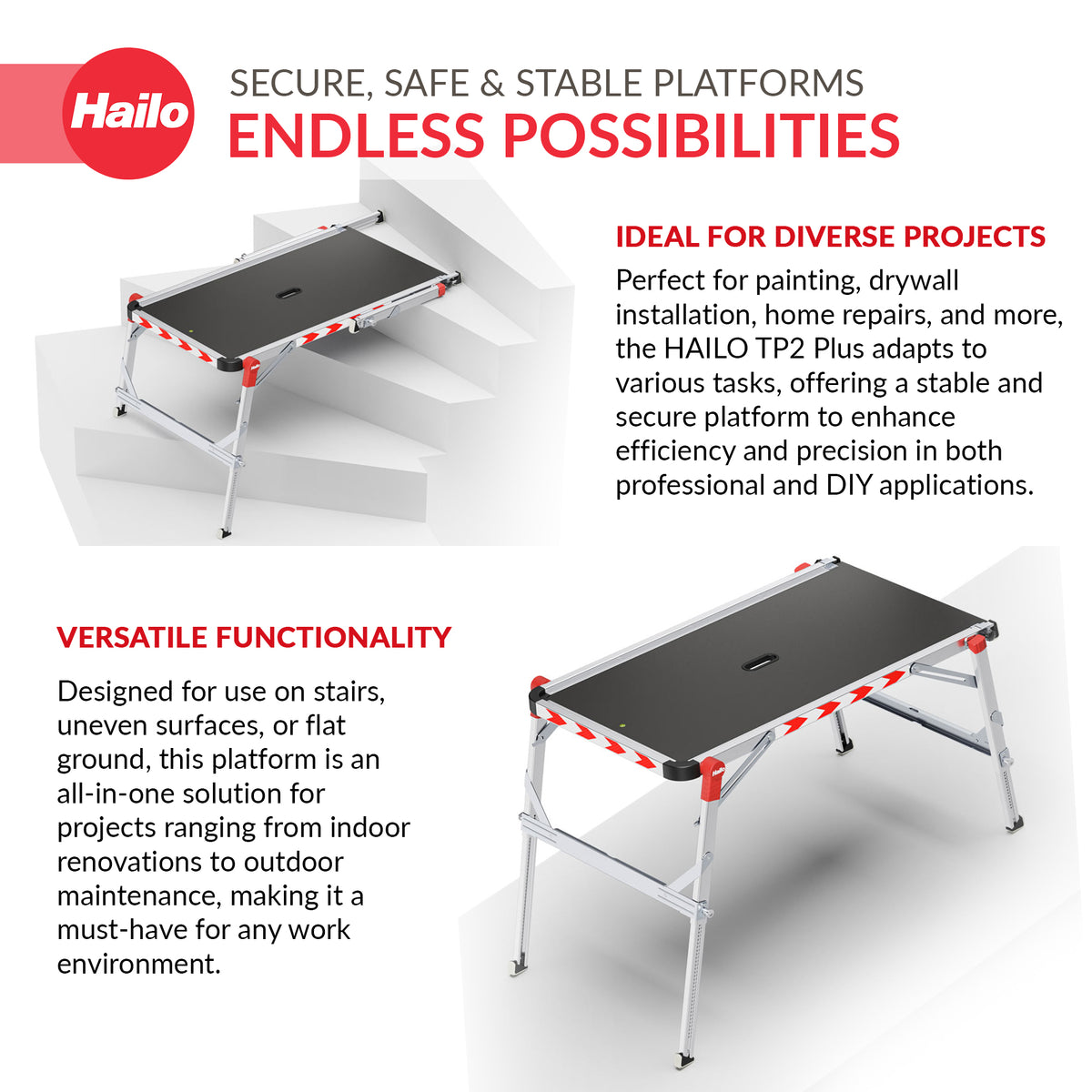 Hailo Aluminum Work Platform TP2 Plus for Ladders & Stairs, Foldable (Open Box) - VMInnovations