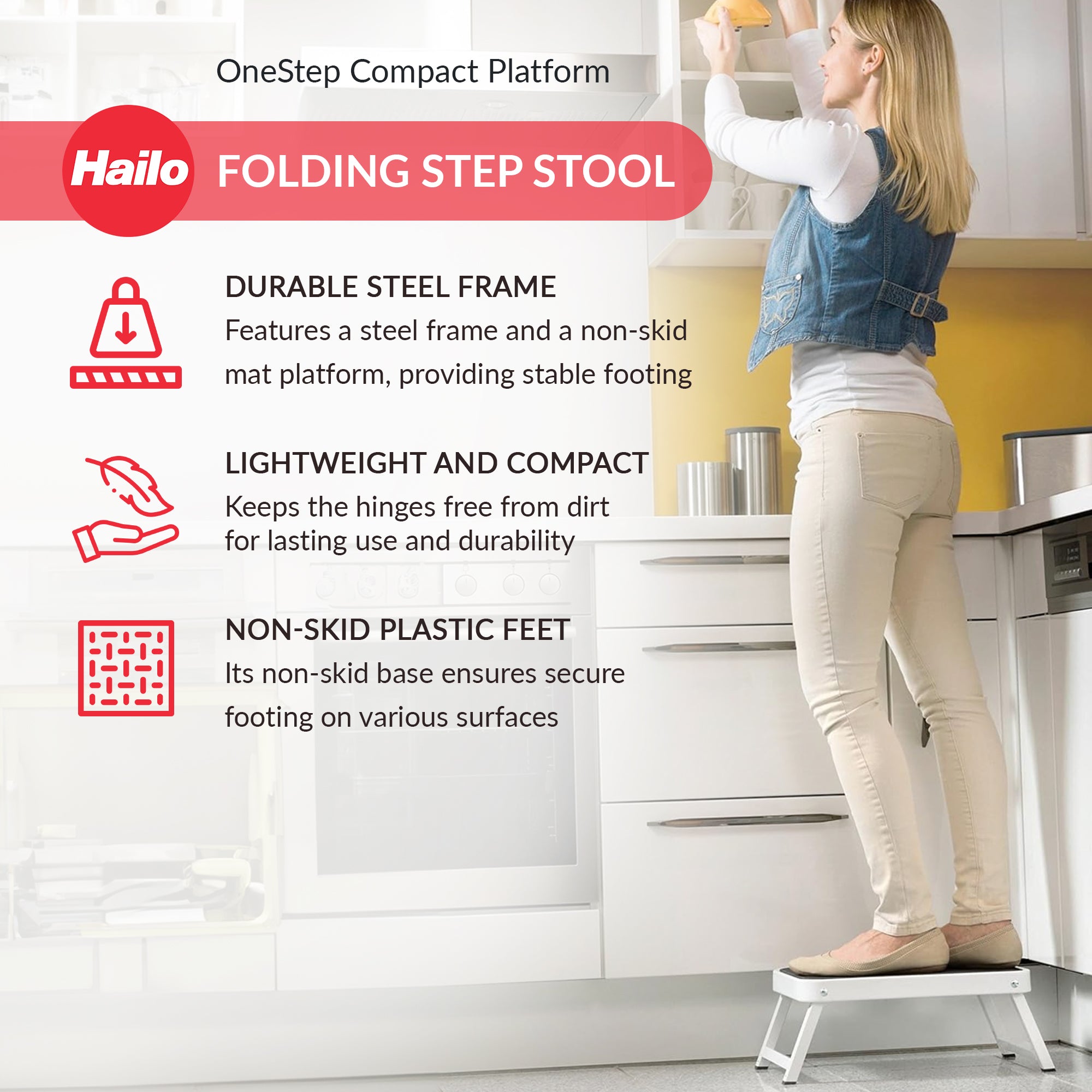 Hailo Folding Step Stool, OneStep Compact Platform, Non-Skid, 330 Lbs Capacity