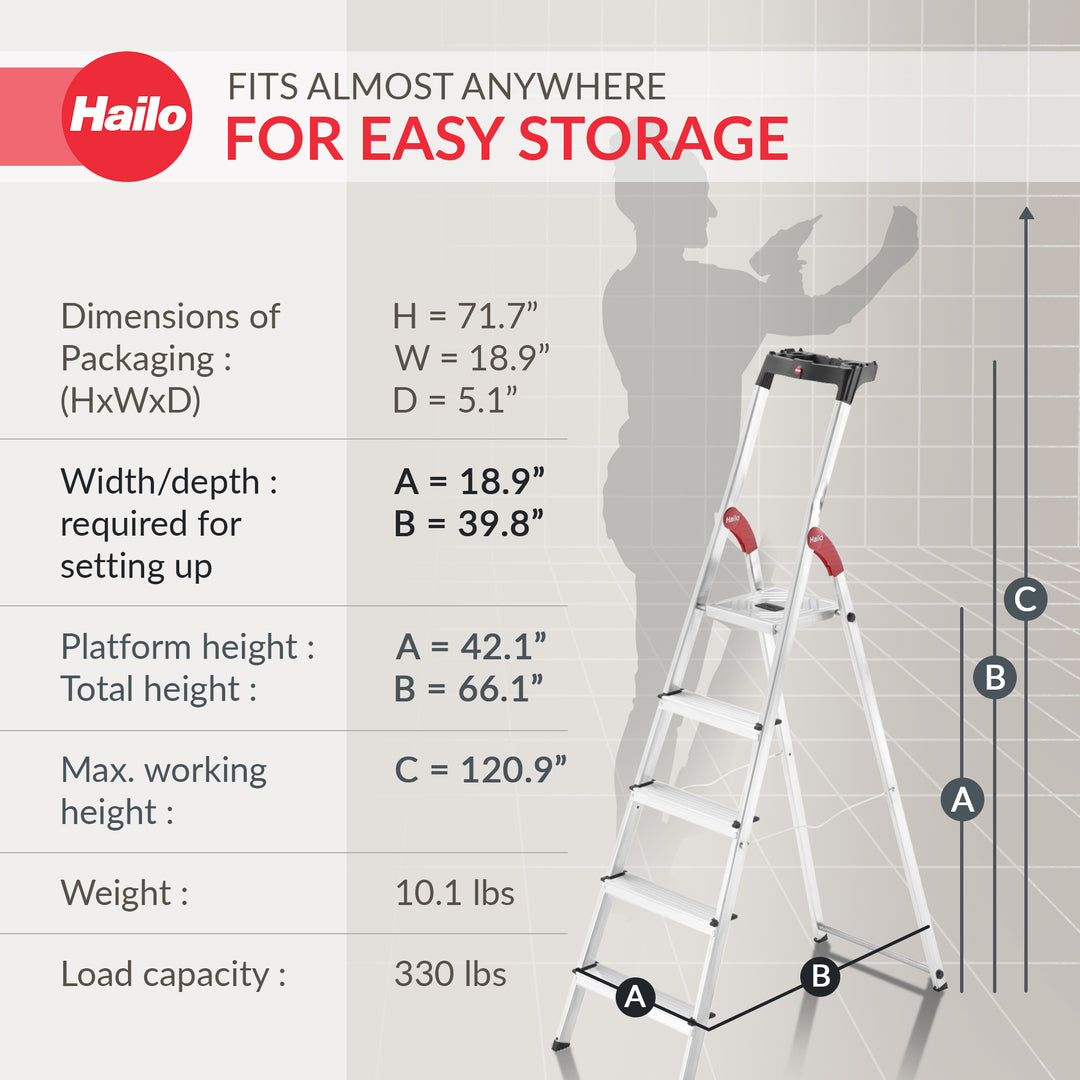 Hailo Folding Step Stool, 5 Step Ladder w/ Tray for Home & Kitchen, L60, Silver - VMInnovations