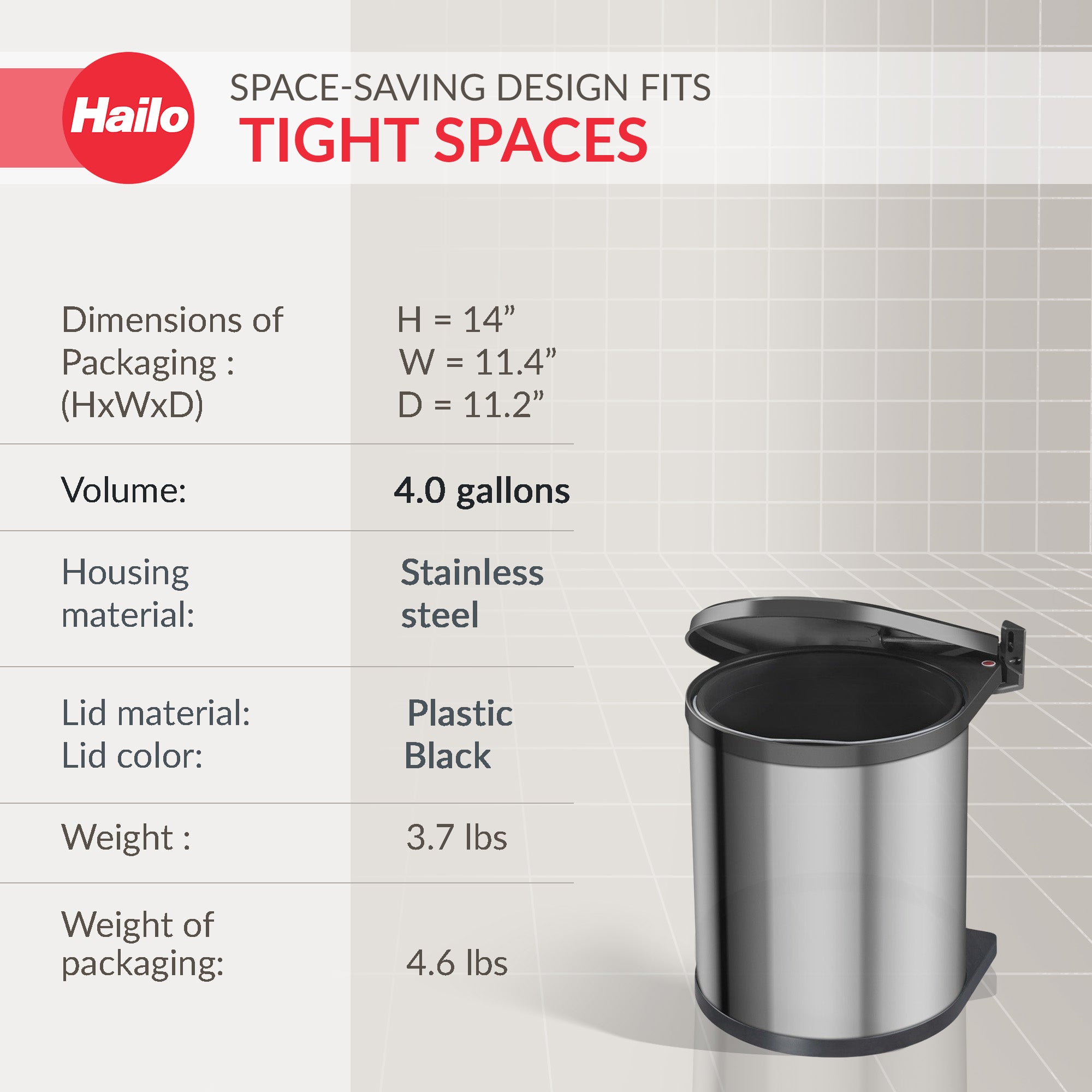 Hailo Compact-Box M Trash Can, 4 Gal, Lid-Lift, Kitchen Bin, Steel (Open Box) - VMInnovations