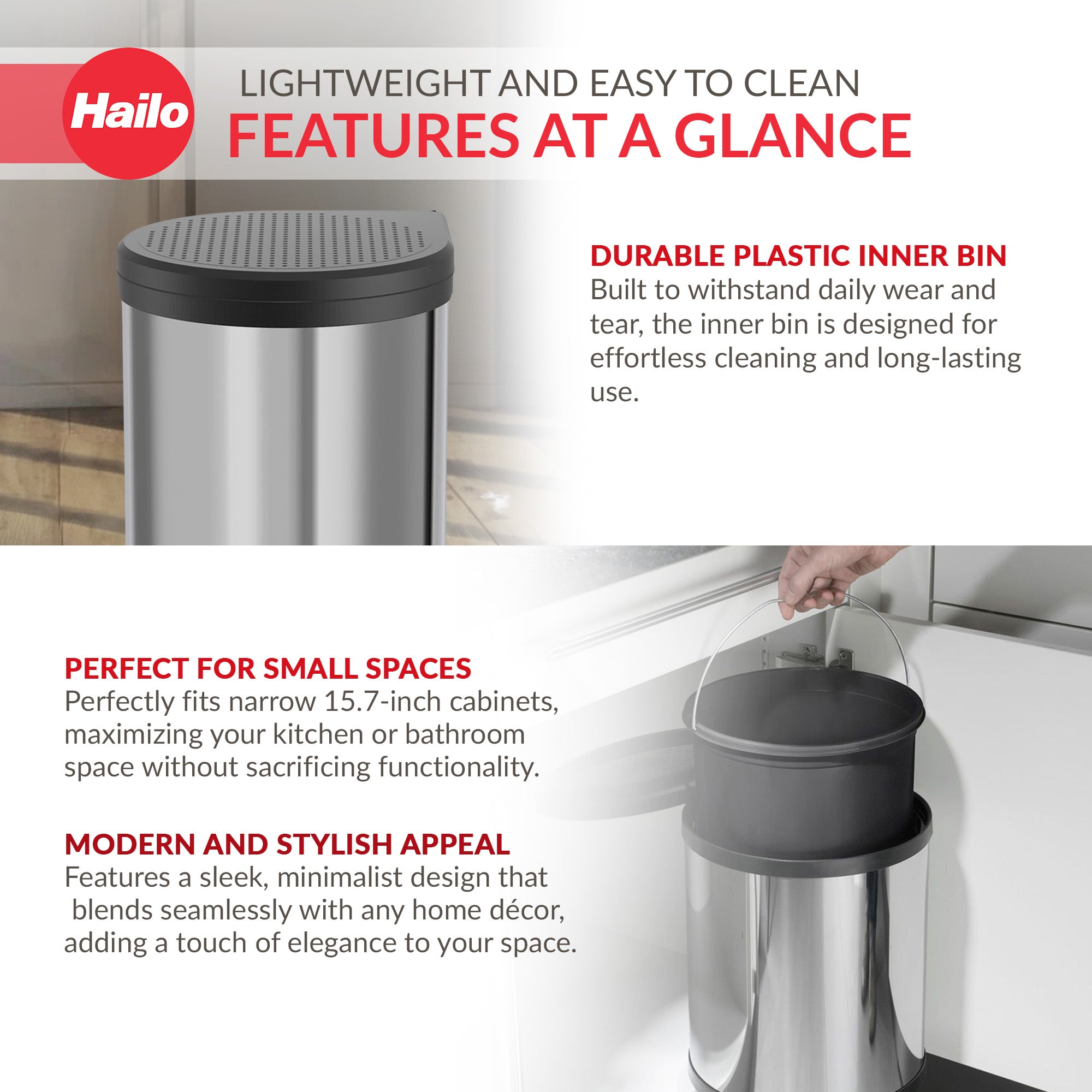 Hailo Compact-Box M Trash Can, 4 Gal, Lid-Lift, Small Kitchen Bin, Steel (Used) - VMInnovations