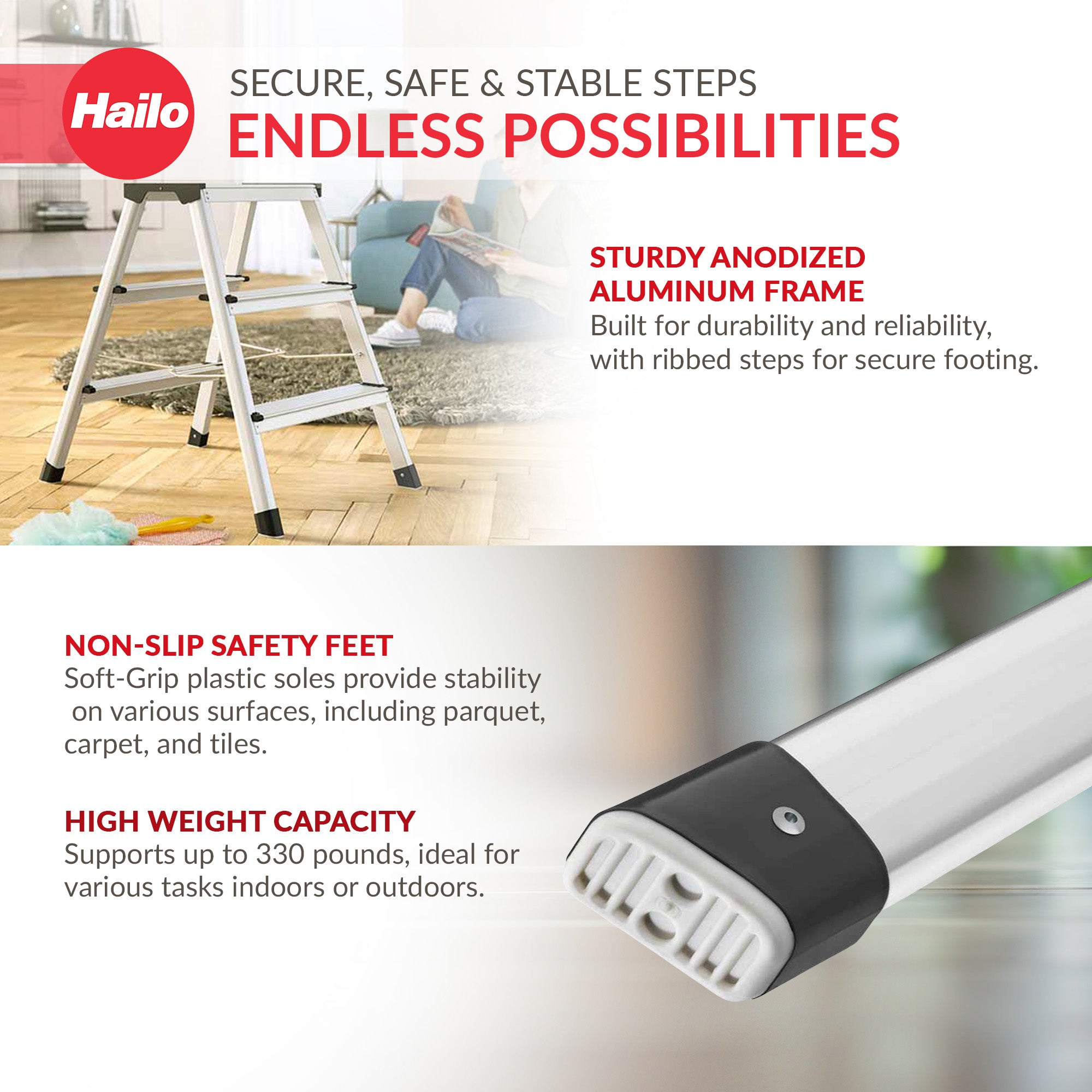 Hailo Folding Step Stool, 2-Sided 3 Step Ladder for Garage, (Open Box) - VMInnovations
