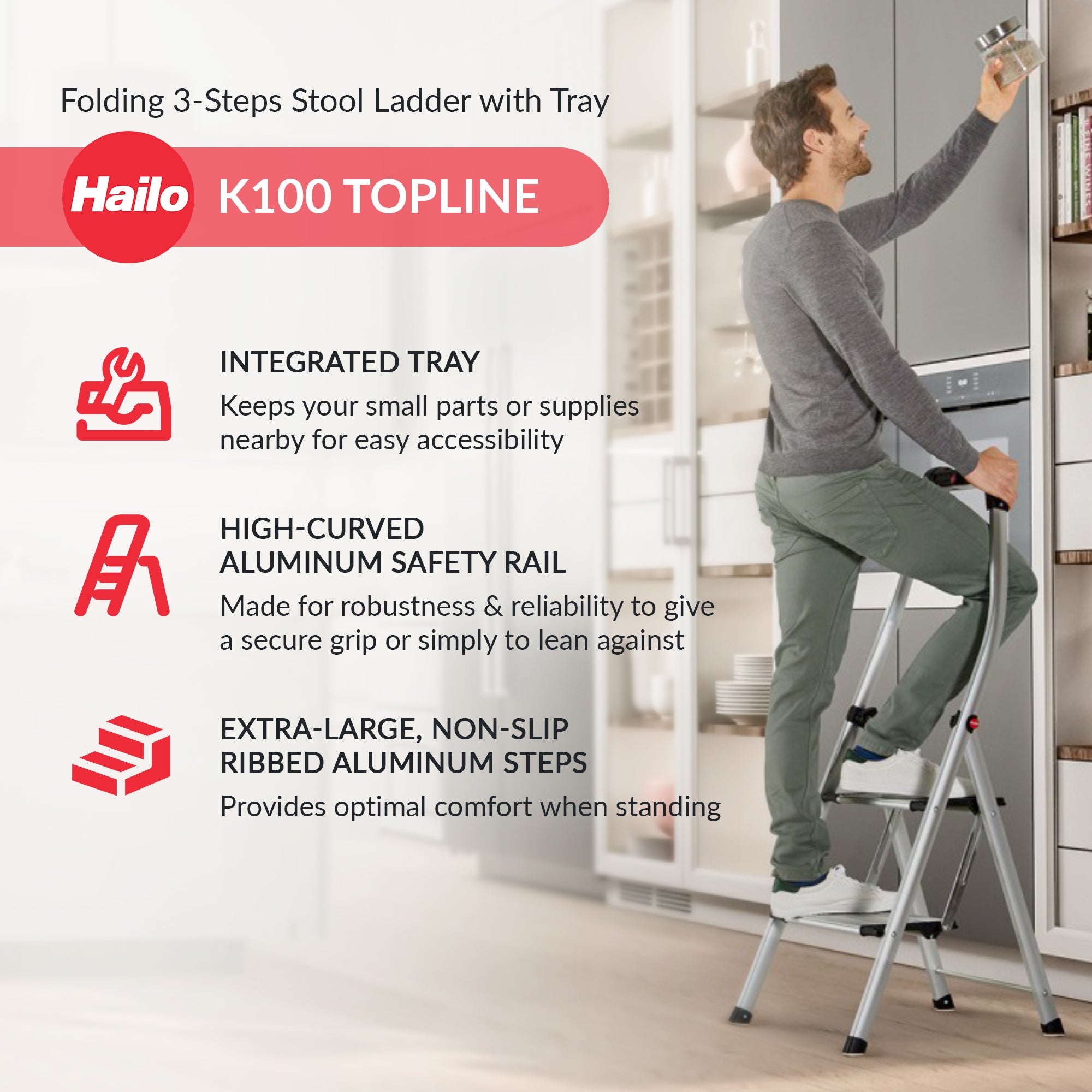 Hailo Step Stool, 3 Step Ladder w/Tray for Home & Kitchen, Silver (Open Box) - VMInnovations
