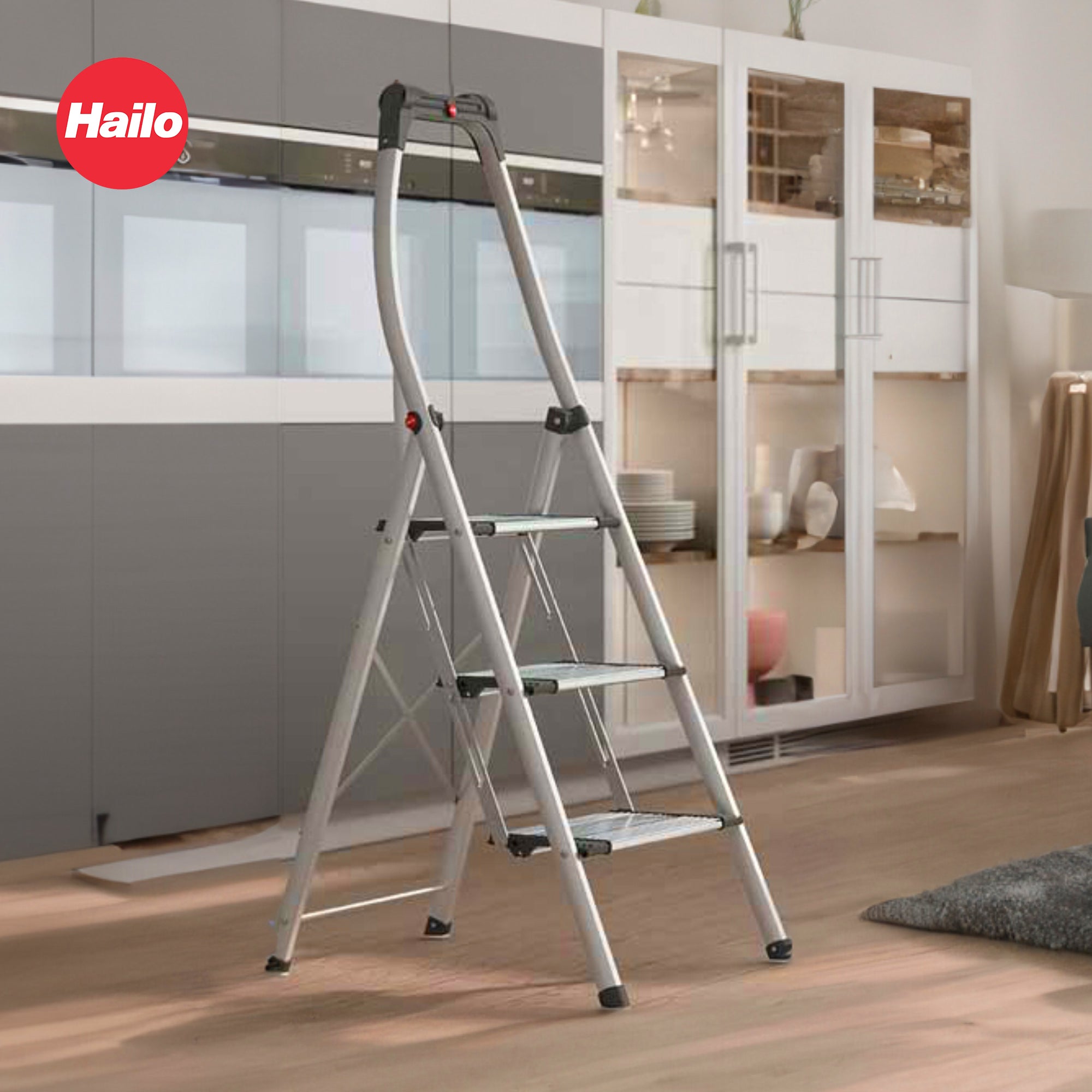 Hailo Step Stool, 3 Step Ladder w/Tray for Home & Kitchen, Silver (Open Box) - VMInnovations