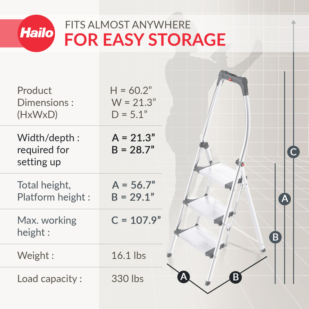 Hailo Folding Step Stool, 3 Step Ladder w/Tray for Home & Kitchen, K100, Silver - VMInnovations