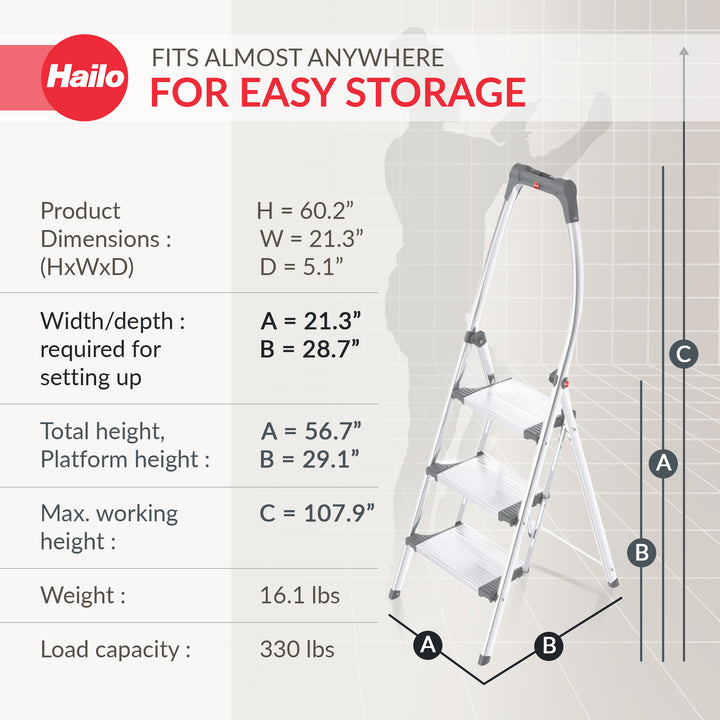 Hailo Folding Step Stool, 3 Step Ladder w/Tray for Home & Kitchen, K100, Silver - VMInnovations