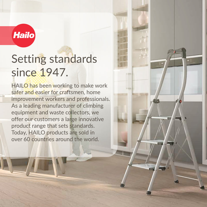 Hailo Folding Step Stool, 3 Step Ladder w/Tray for Home & Kitchen, K100, Silver - VMInnovations