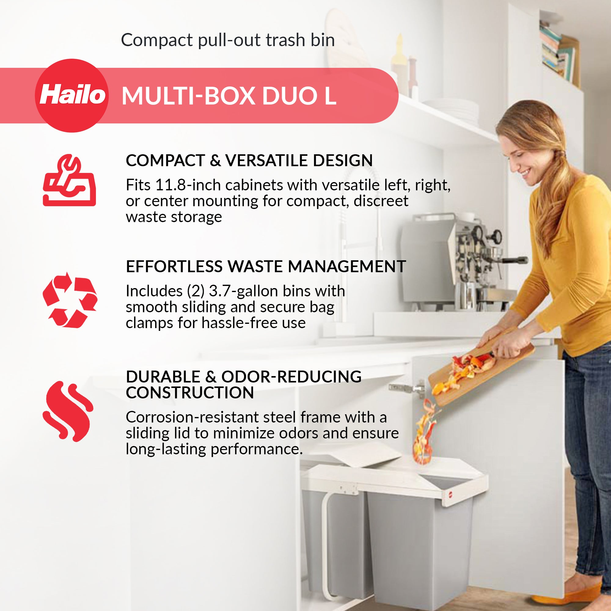 Hailo Multi-Box Pull-Out Trash Can, 11.8" Cabinet, 2 Bins, 3.7 Gal, Blue (Used) - VMInnovations