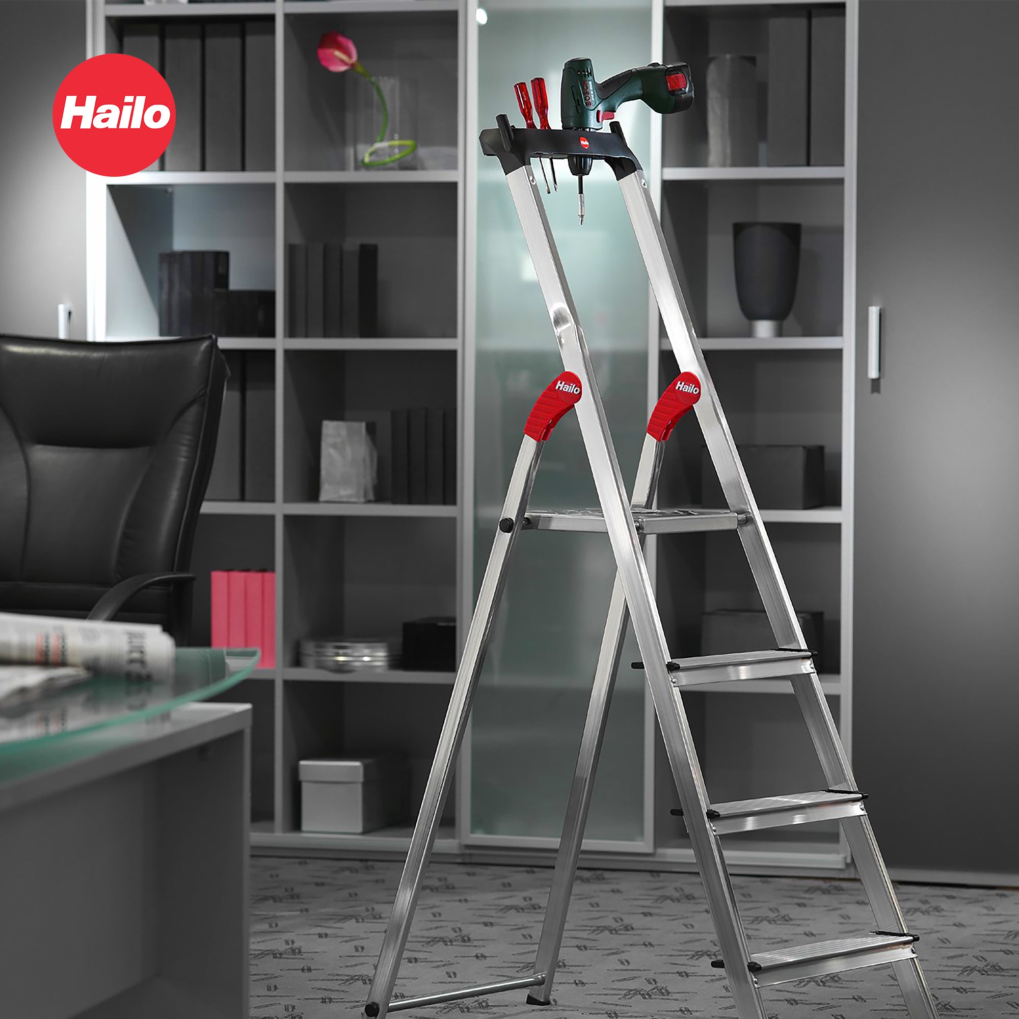 Hailo Folding Step Stool, 4 Step Ladder w/ Tray for Home & Kitchen, L60, Silver - VMInnovations