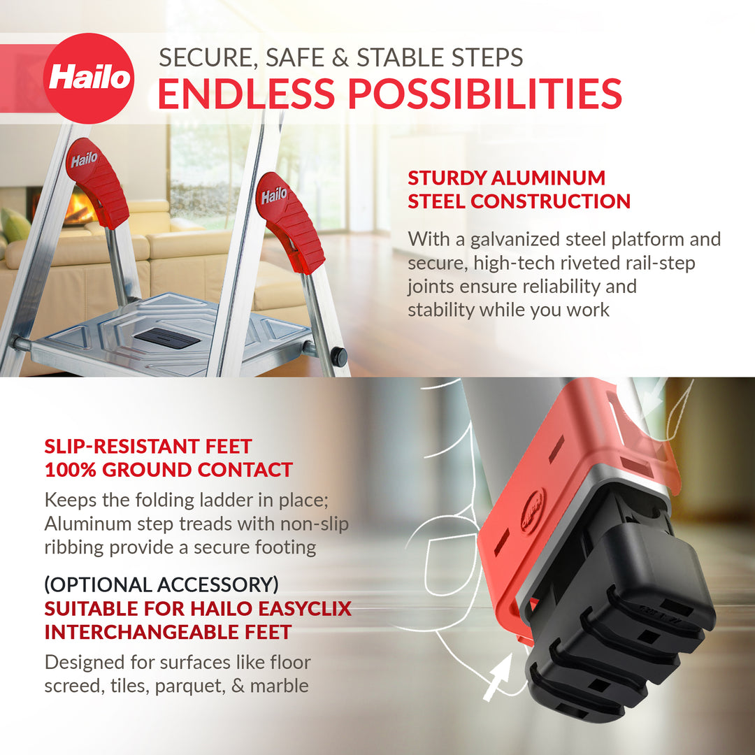Hailo Folding Step Stool, 5 Step Ladder w/ Tray for Home & Kitchen, L60, Silver - VMInnovations