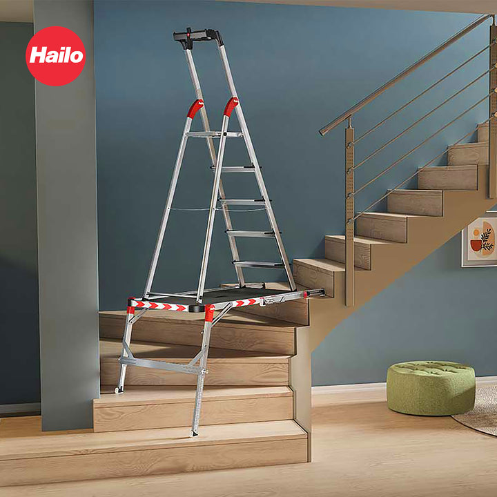 Hailo Folding Step Stool, 5 Step Ladder w/ Tray for Home & Kitchen, L60, Silver - VMInnovations