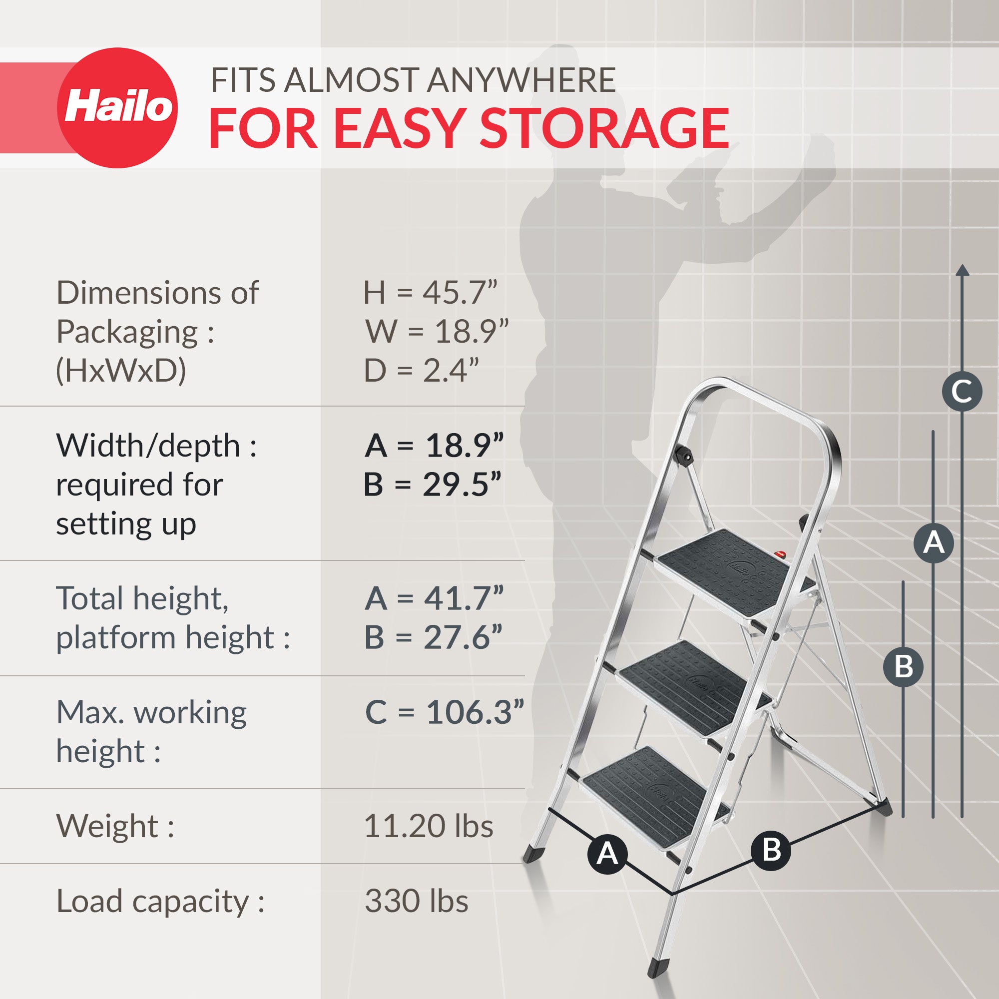 Hailo Folding Step Stool, Non-Slip 3 Step Ladder for Home & Kitchen, K70, Silver - VMInnovations