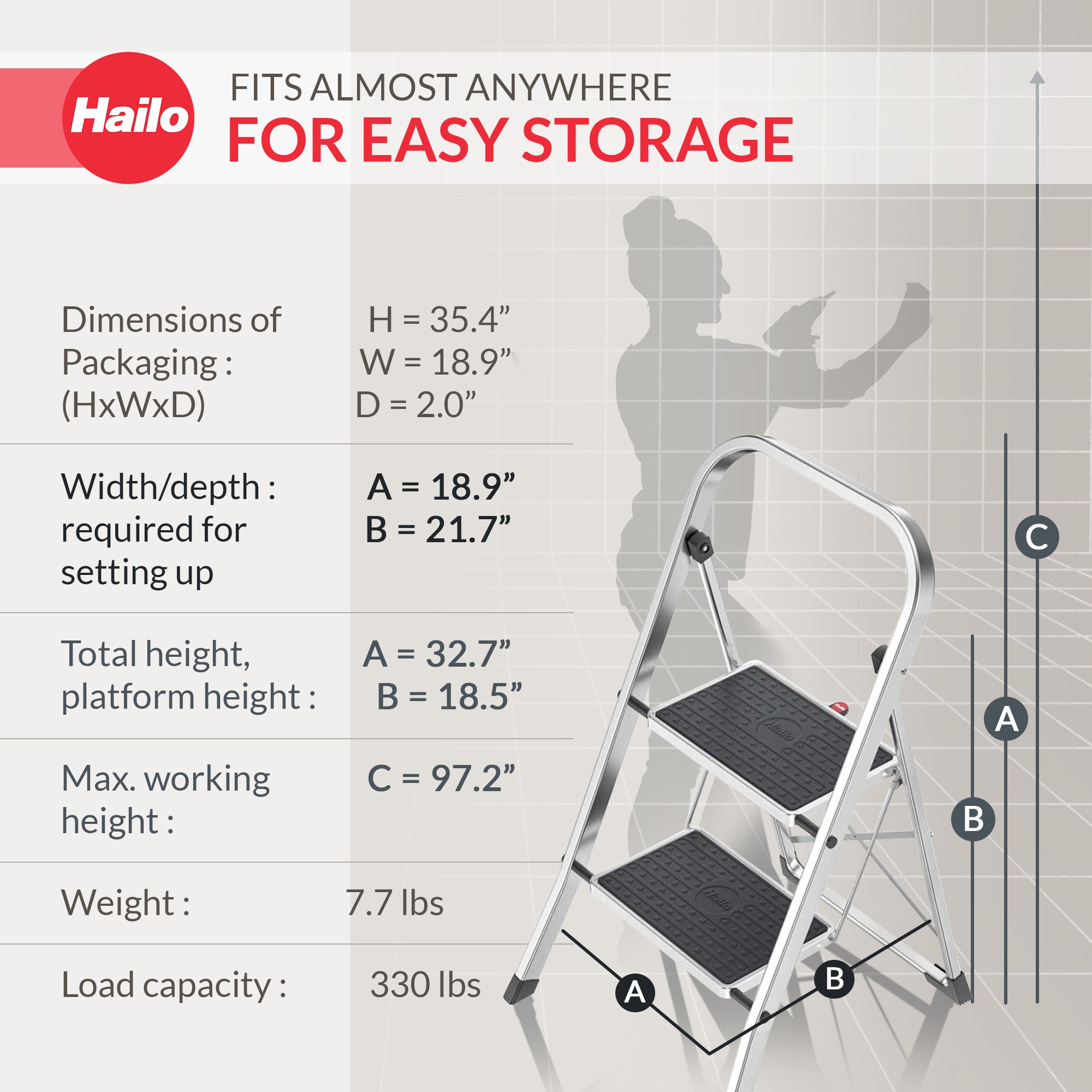 Hailo 2-Tread Household Step Stool, 11.8" Wide Step, 330 lb Capacity, Silver - VMInnovations