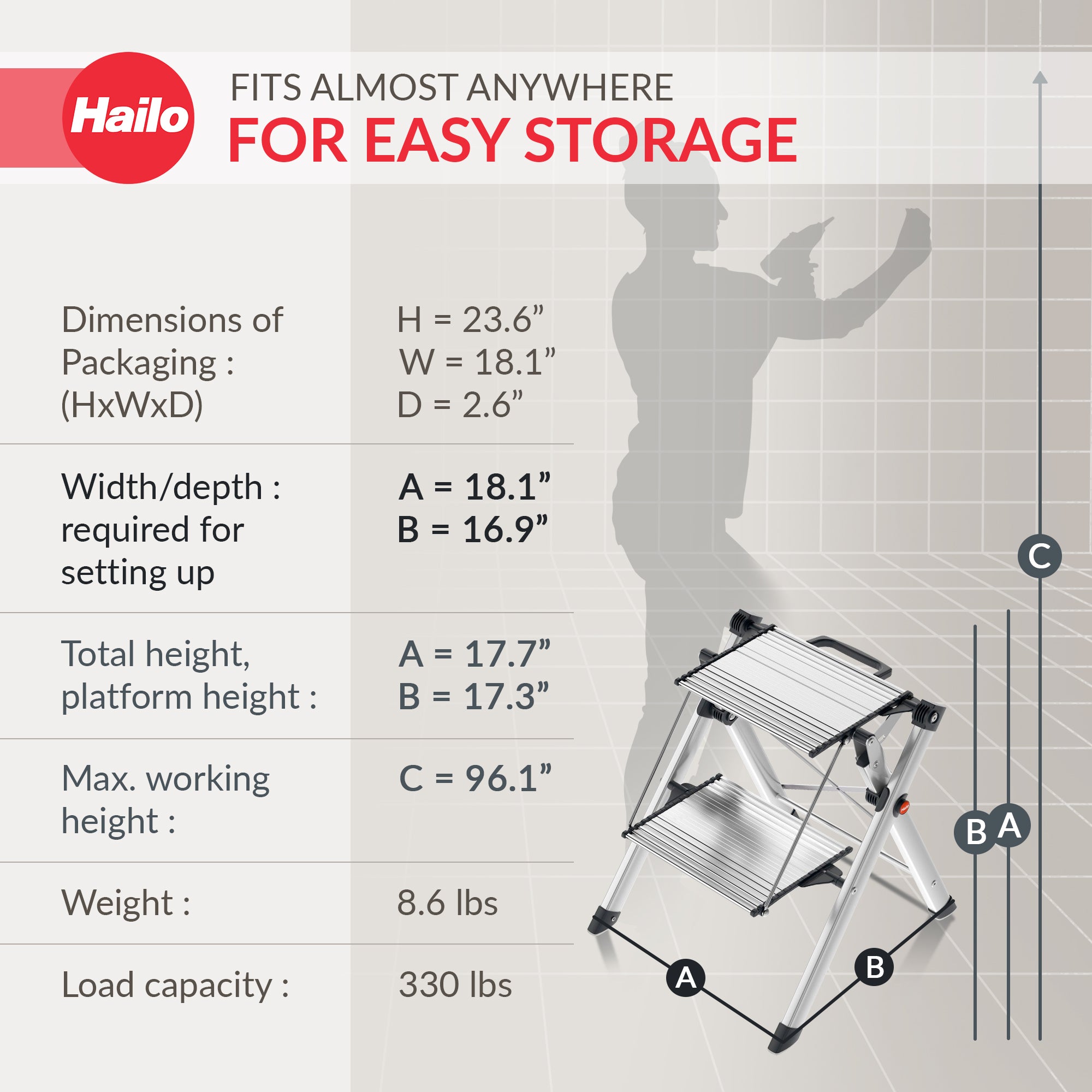Hailo Folding 2 Step Non-Slip Stool for Home and Kitchen, MK80, Silver/Black - VMInnovations