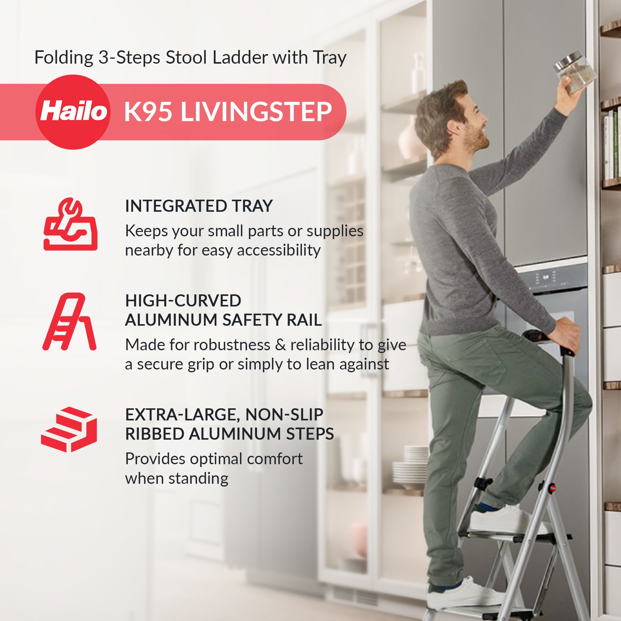 Hailo Folding Step Stool, 3 Step Ladder w/Tray for Home & Kitchen, K95, Silver - VMInnovations
