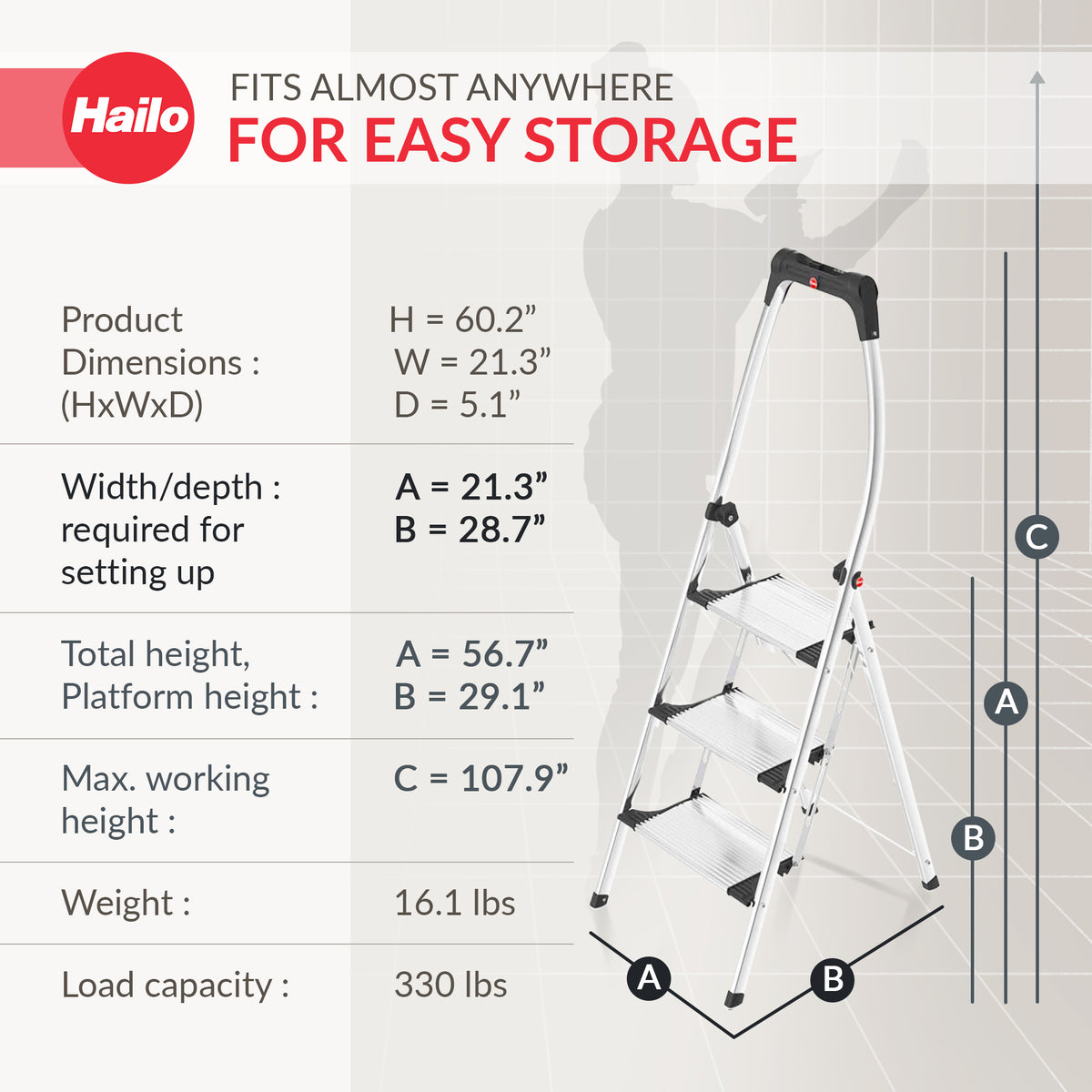Hailo Folding Step Stool, 3 Step Ladder w/Tray for Home & Kitchen, K95, Silver - VMInnovations