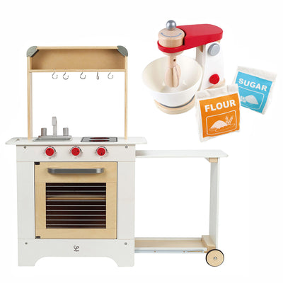 Hape Cook 'N Serve Kids Wooden Play Cooking Kitchen Bundle with Stand Mixer Toy