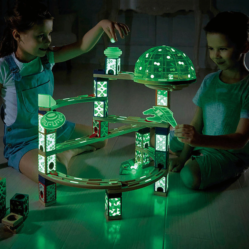 Hape Quadrilla Space City Glow in the Dark Wooden Marble Run Maze Building Set