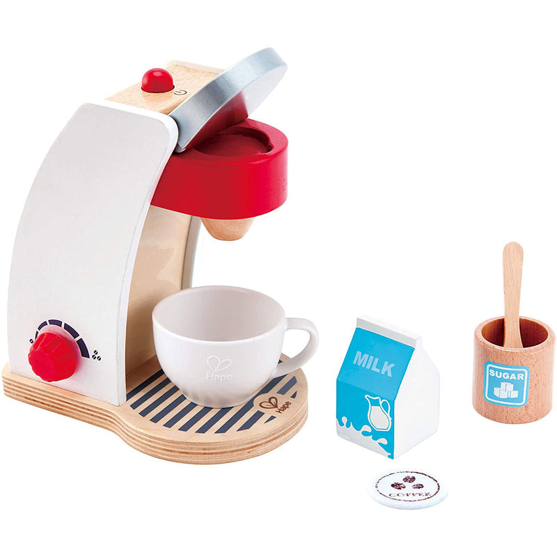 Hape Pop Up Grocery Shop Pretend Play Set Bundle with My Coffee Machine Kids Toy