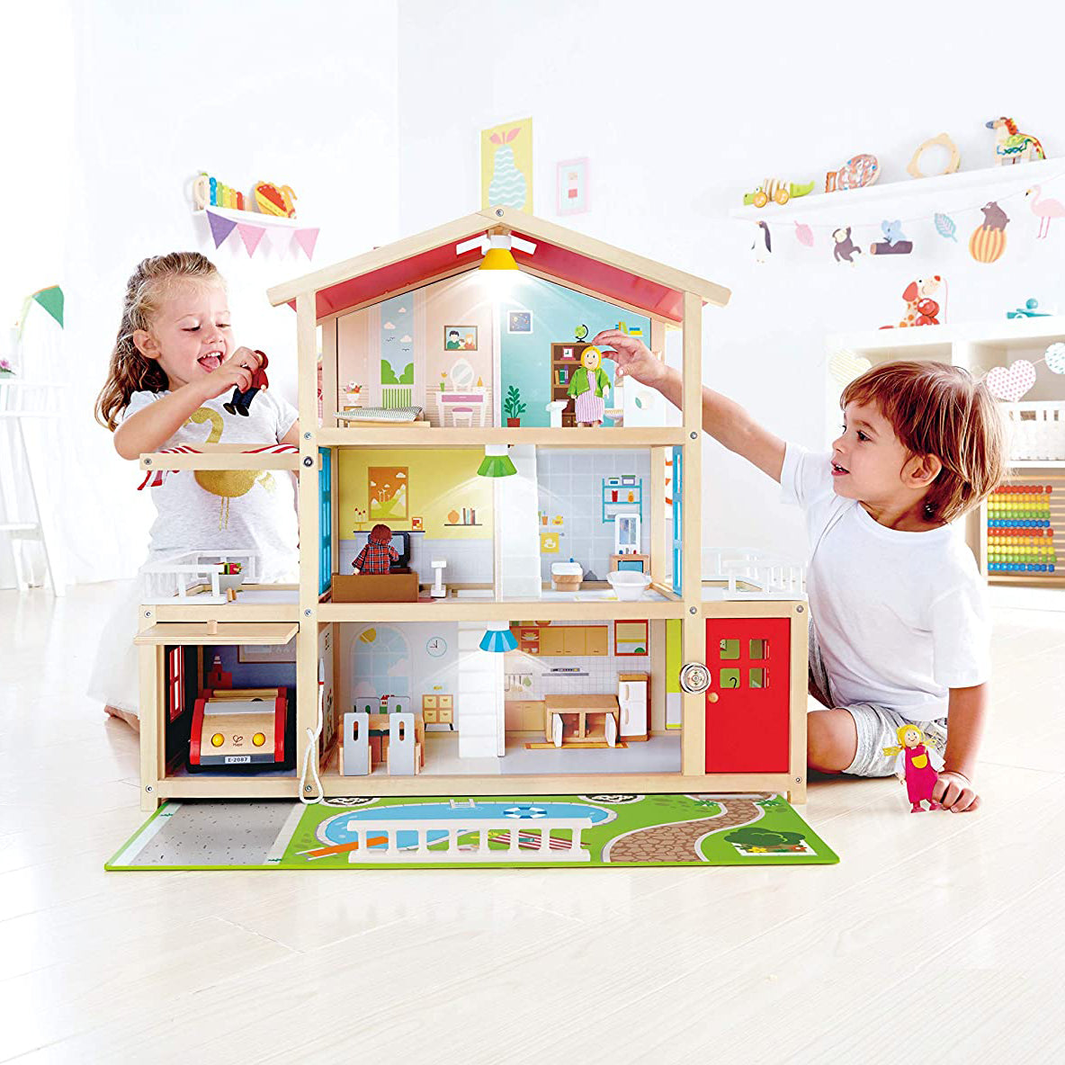 Hape Wooden 10 Room Family Play Mansion Dollhouse with Accessories, Ages 3 & Up