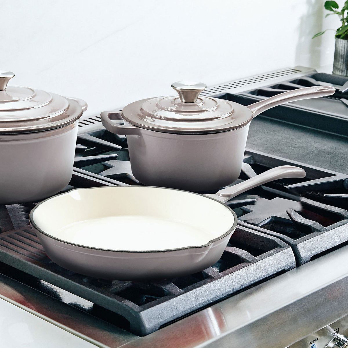 Hamilton Beach Enameled 5.5 Qt Dutch Oven Pot & 2 Qt Cast Iron Sauce Pan, Gray