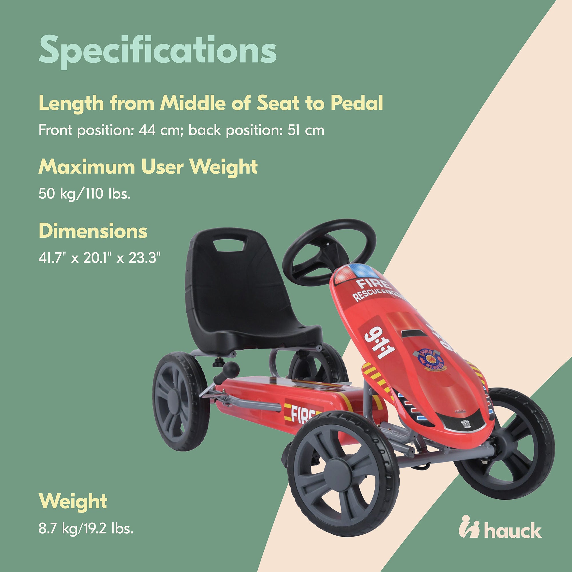 hauck Speedster Pedal Go Kart with Bucket Seat for Kids Ages 4 to 8, Fire Rescue - VMInnovations
