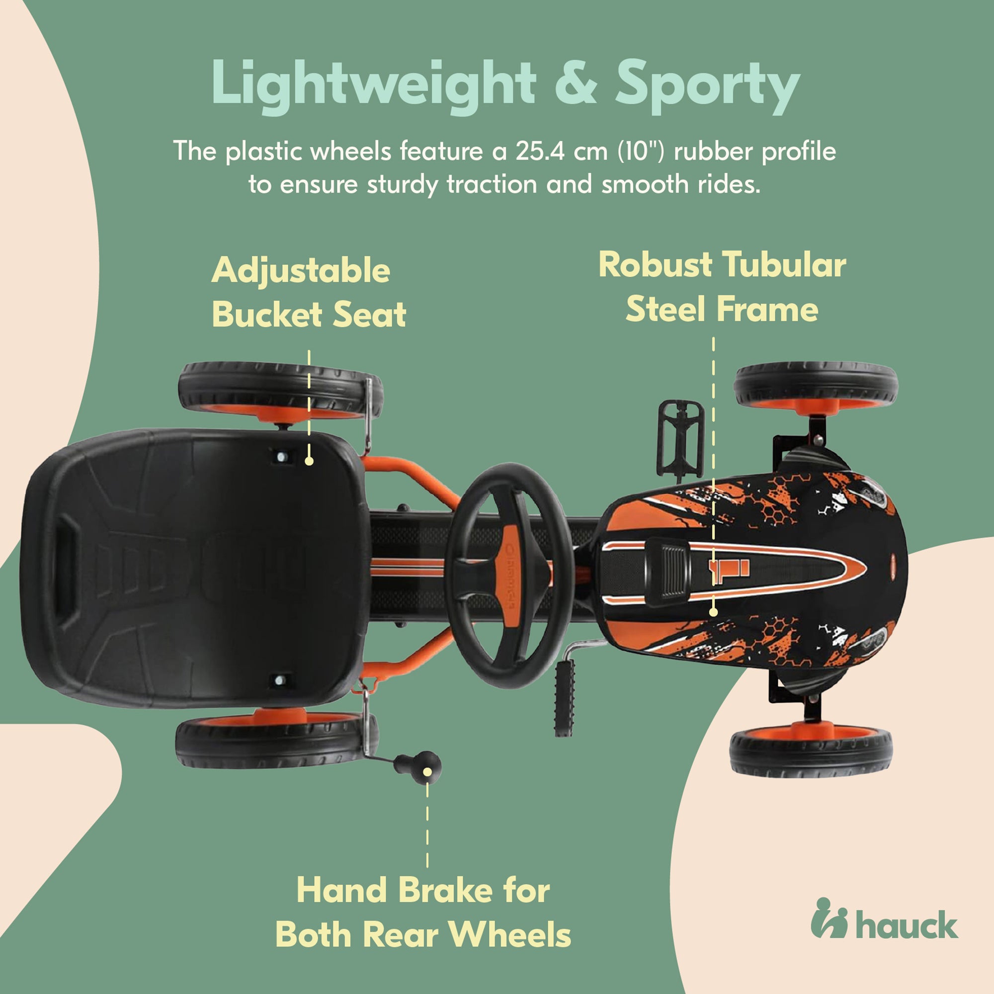 hauck Speedster Pedal Car w/ 3 Way Adjustable Bucket Seat & Steel Frame, Orange - VMInnovations