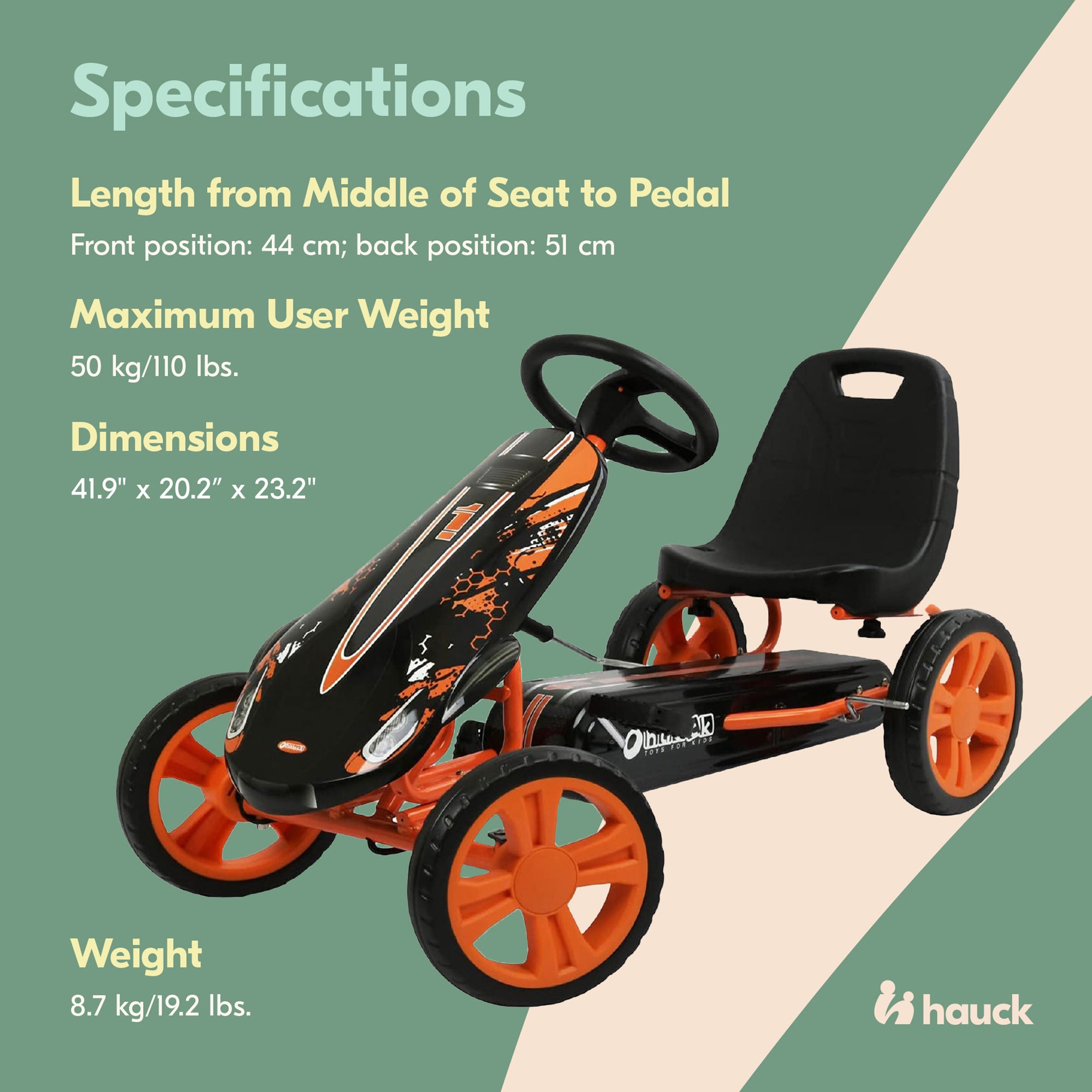 hauck Speedster Pedal Car w/ 3 Way Adjustable Bucket Seat & Steel Frame, Orange - VMInnovations