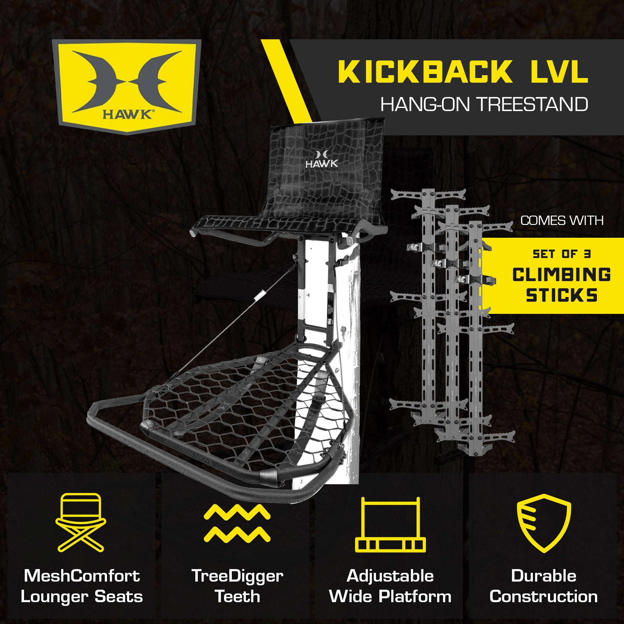 Hawk Kickback LVL Hang On Tree Stand with Footrest & Set of 3 Climbing Sticks - VMInnovations