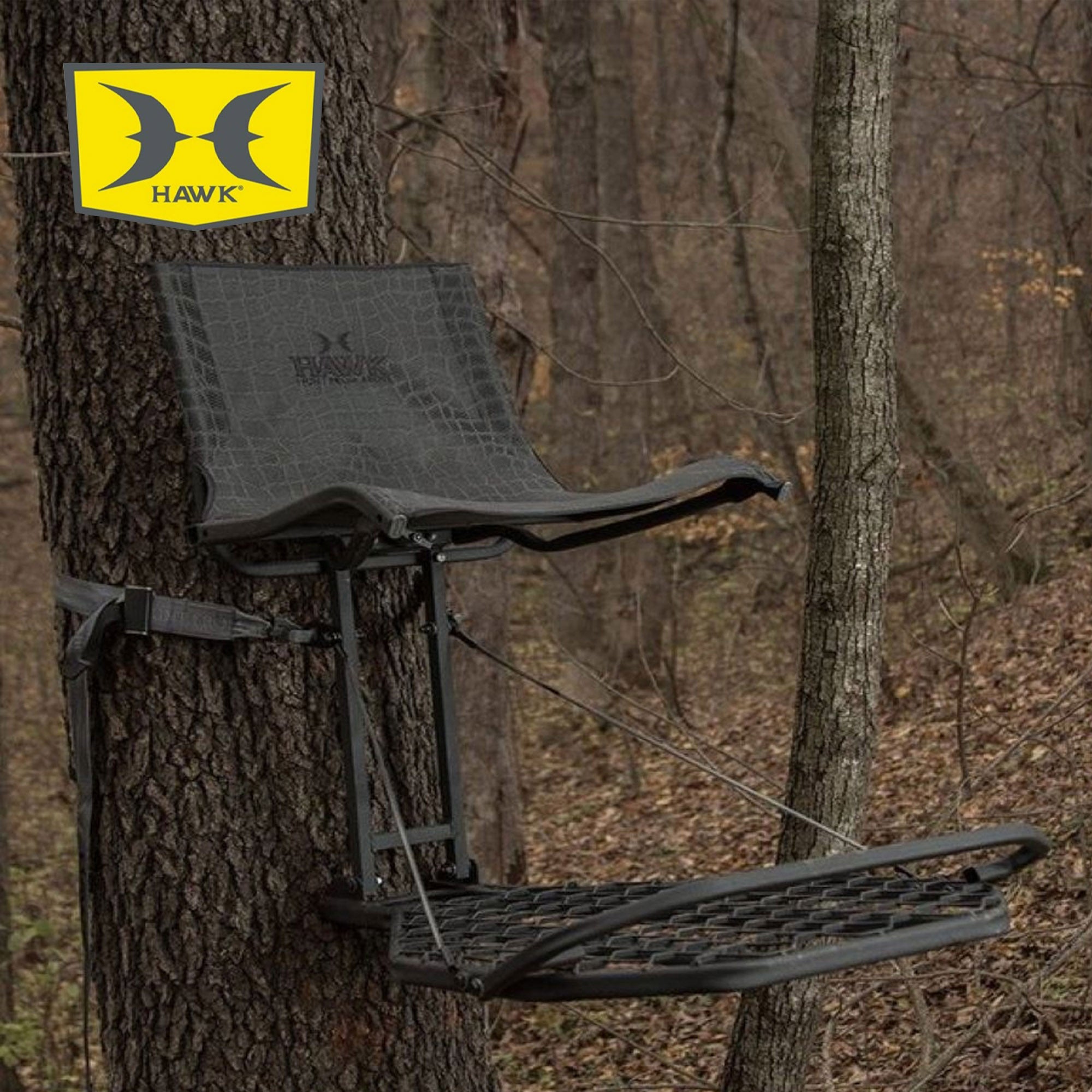 Hawk Kickback LVL Hang On Tree Stand with Footrest & Set of 3 Climbing Sticks - VMInnovations