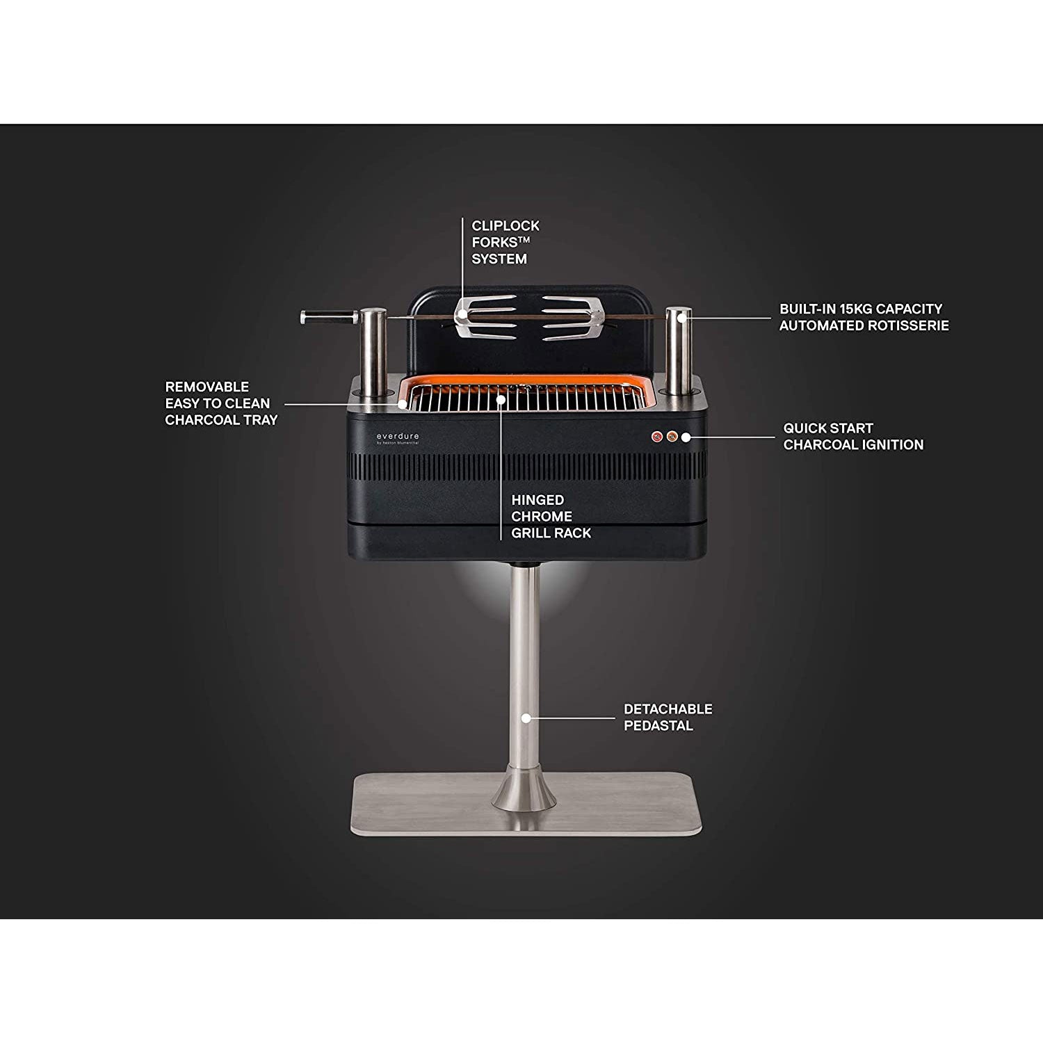 Everdure by Heston Blumenthal FUSION 29 Inch Pedestal Charcoal Grill/Rotisserie