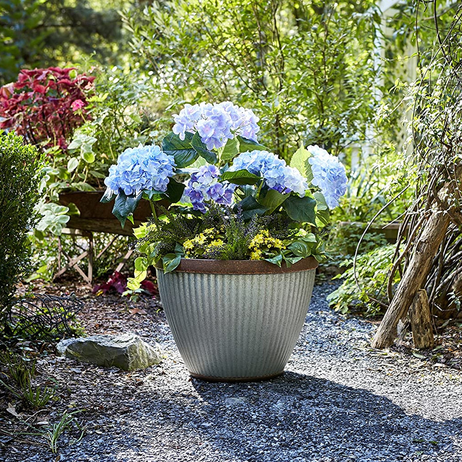 Southern Patio Rustic Resin Outdoor Planter Urn w/ Square Rustic Box Flower Pot - VMInnovations
