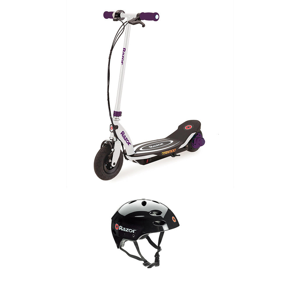 Razor Power Core E100 Kids Ride On Electric Motor Scooter w/Youth Helmet, Purple