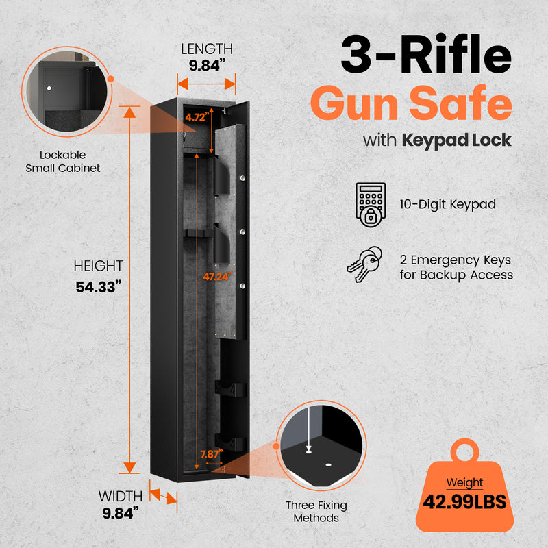 AOBABO 3-Rifle Gun Safe w/ Keypad Lock, Security Cabinet Long Safes Gun Cabinet