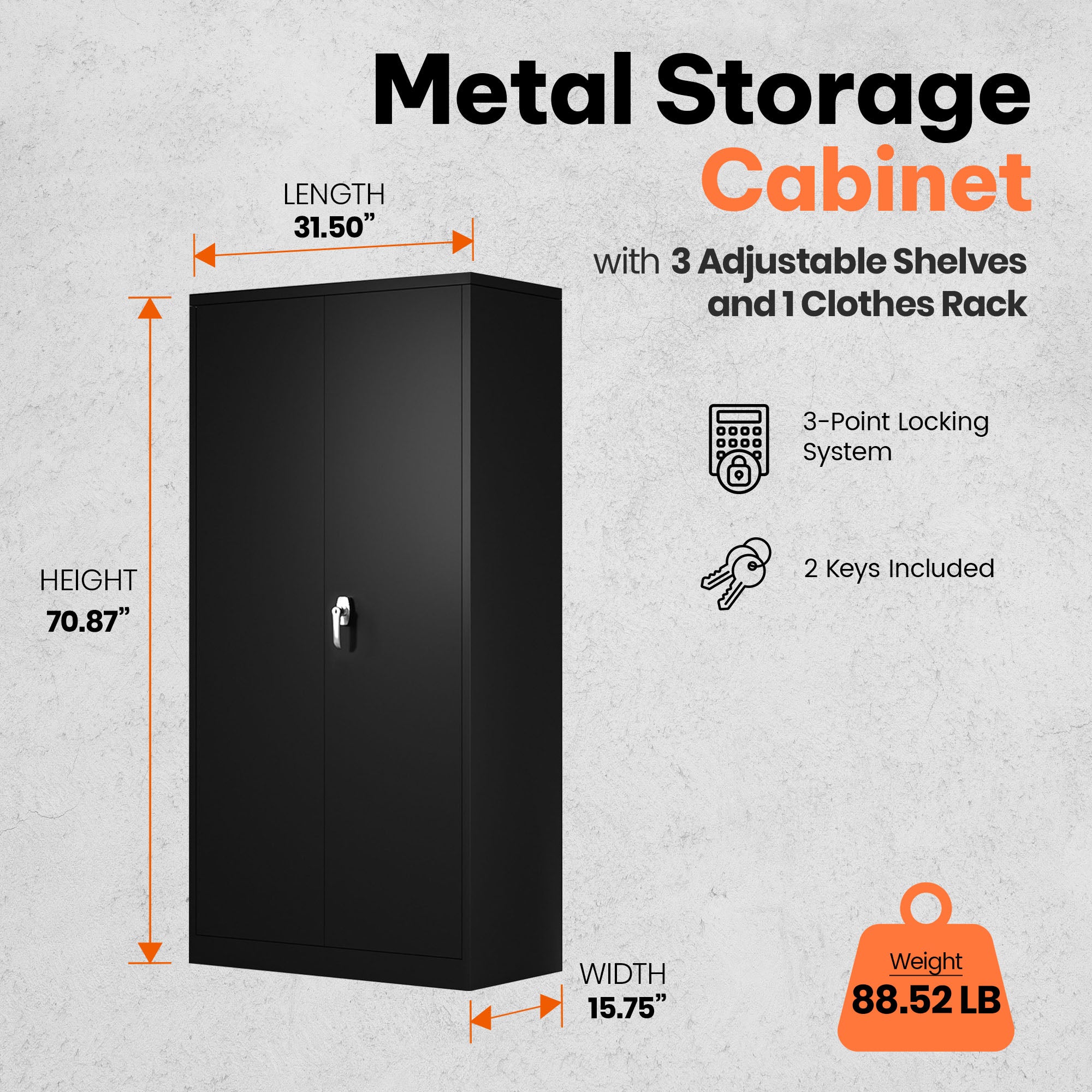 AOBABO Metal Storage Cabinet with 3 Adjustable Shelves and 1 Cloth Rail, Black - VMInnovations