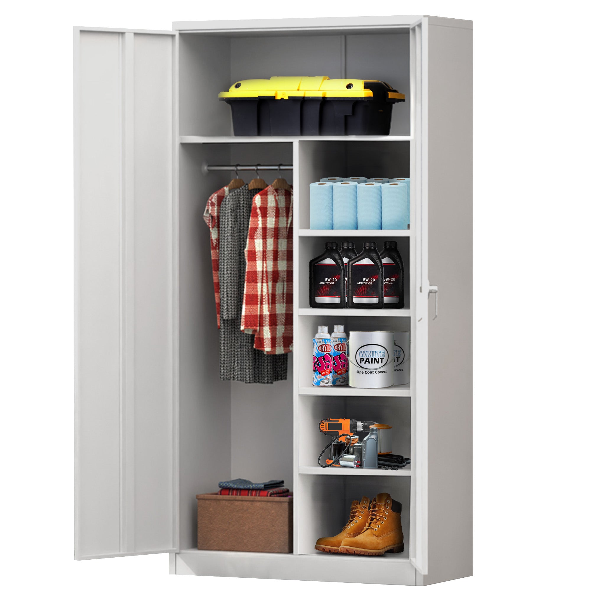 AOBABO Storage Cabinet with 3 Adjustable Shelves and 1 Cloth Rail, White (Used)