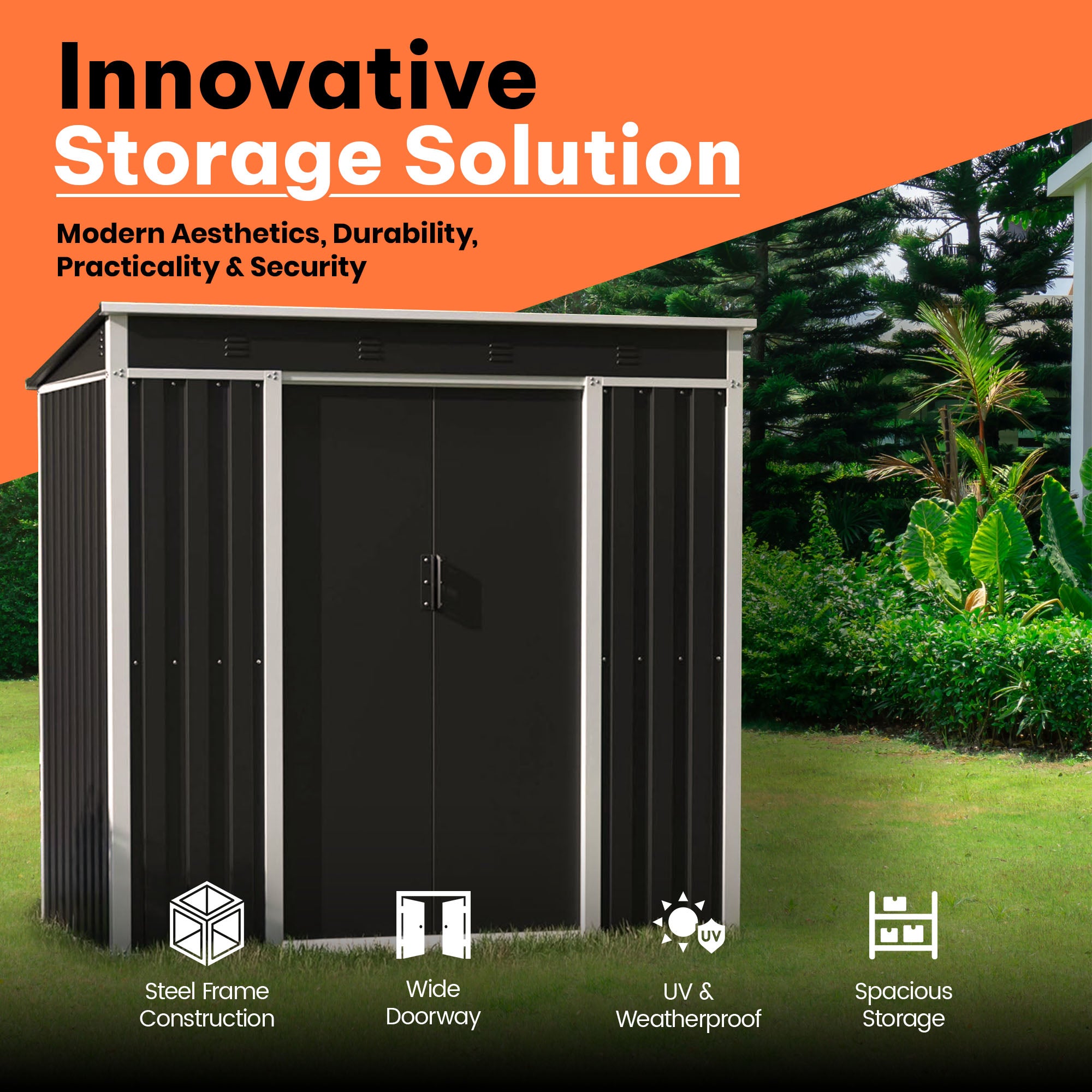 AOBABO Metal 6' x 3' Outdoor Utility Tool Storage Shed with Door and Lock, Black