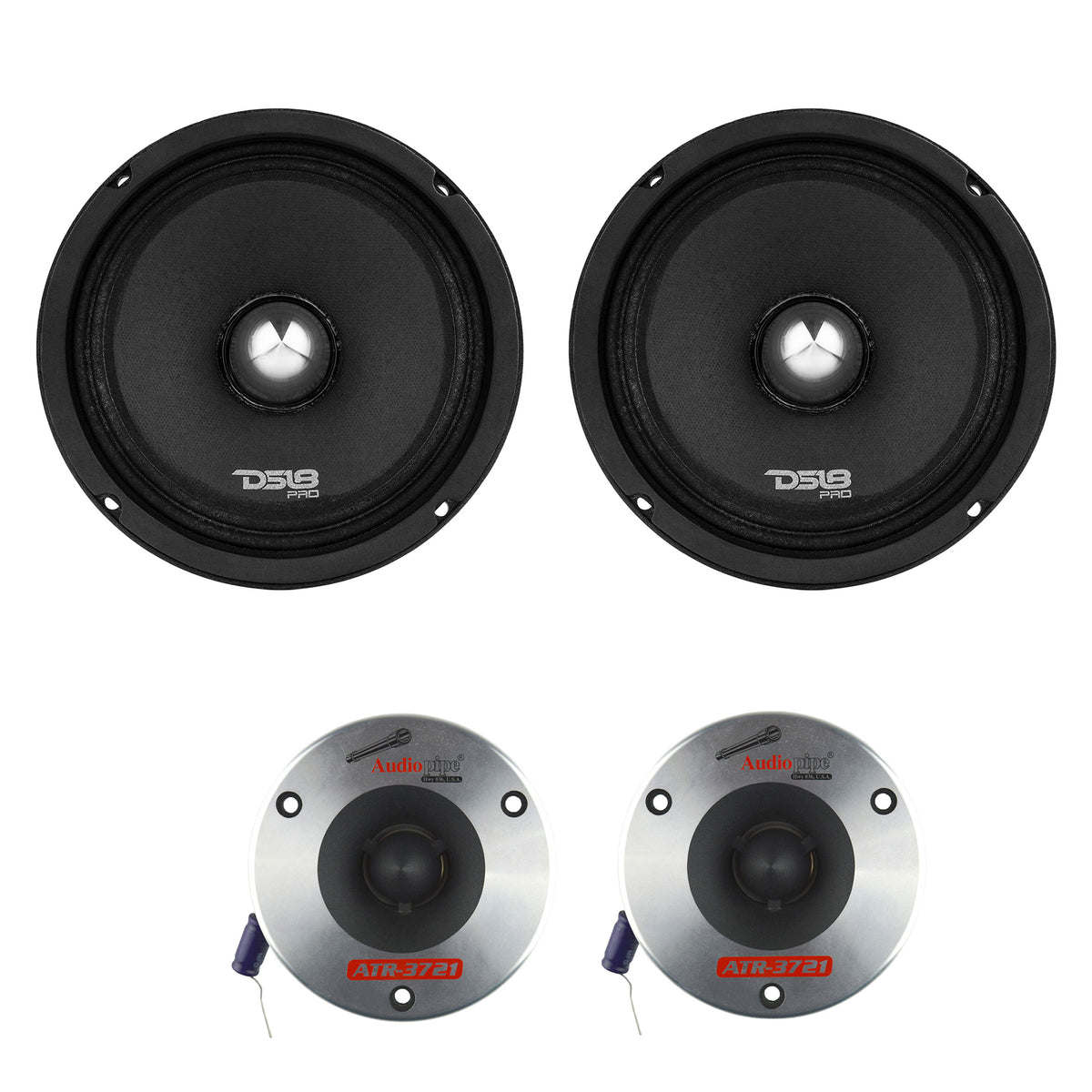 DS18 6.5" 500W Car Speaker (2 Pack) & Audiopipe 3.75" 350W Bullet Tweeter, Pair