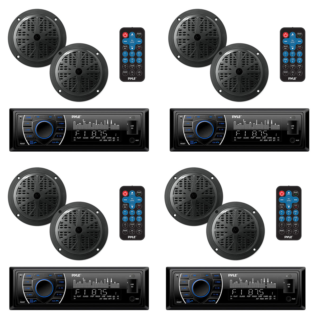 Pyle 5.25 Inch Bluetooth Marine Receiver Stereo & Speaker Kit, Black (4 Pack)