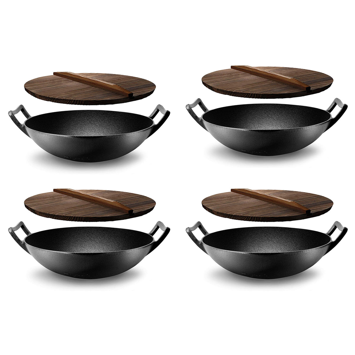 NutriChef Pre Seasoned Cooking Wok Cast Iron Stir Fry Pan w/ Wooden Lid (4 Pack)
