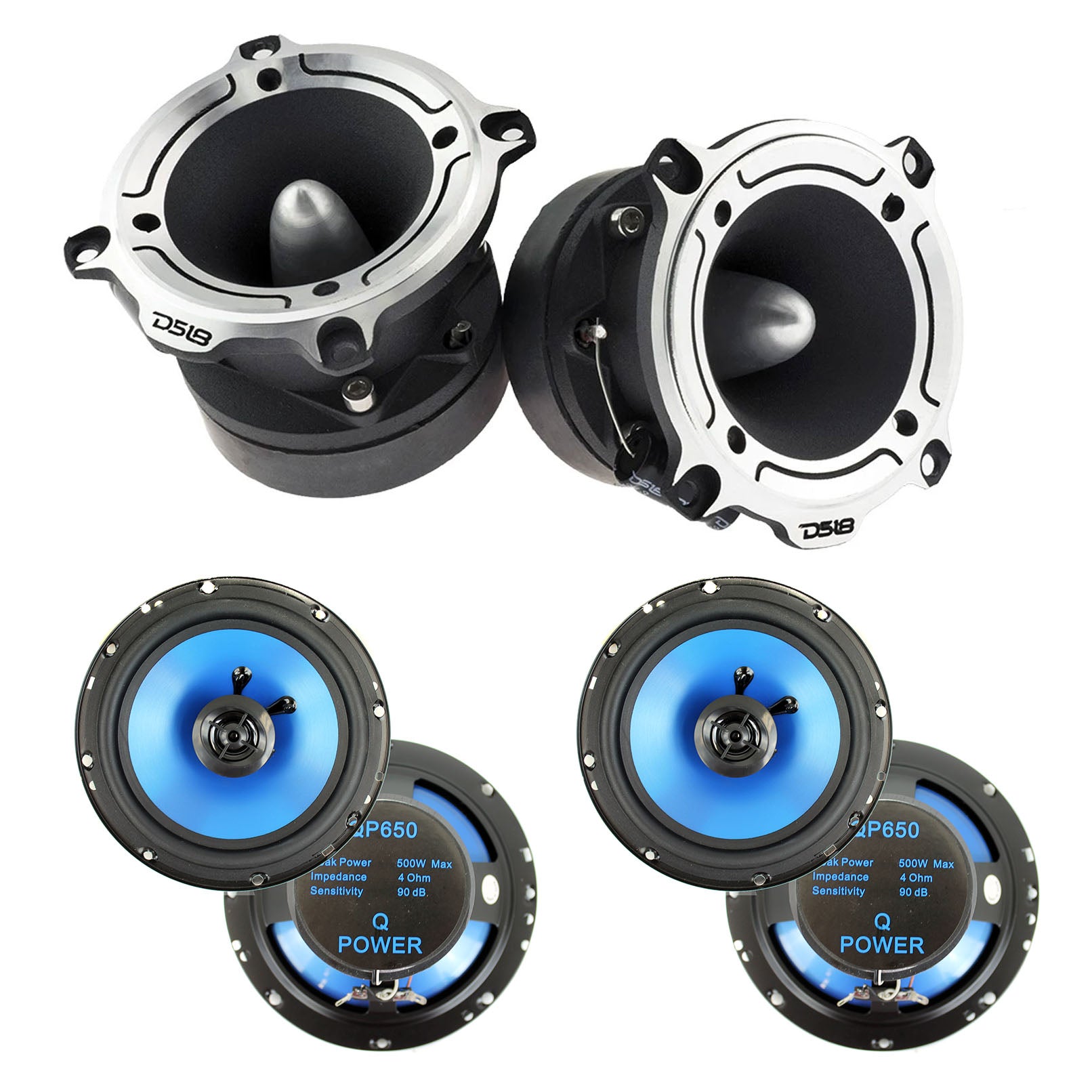 DS18 PRO 1" 350W Bullet Tweeter, Pair w/ Q POWER 6.5" 300W Car Speakers (2 Pair)