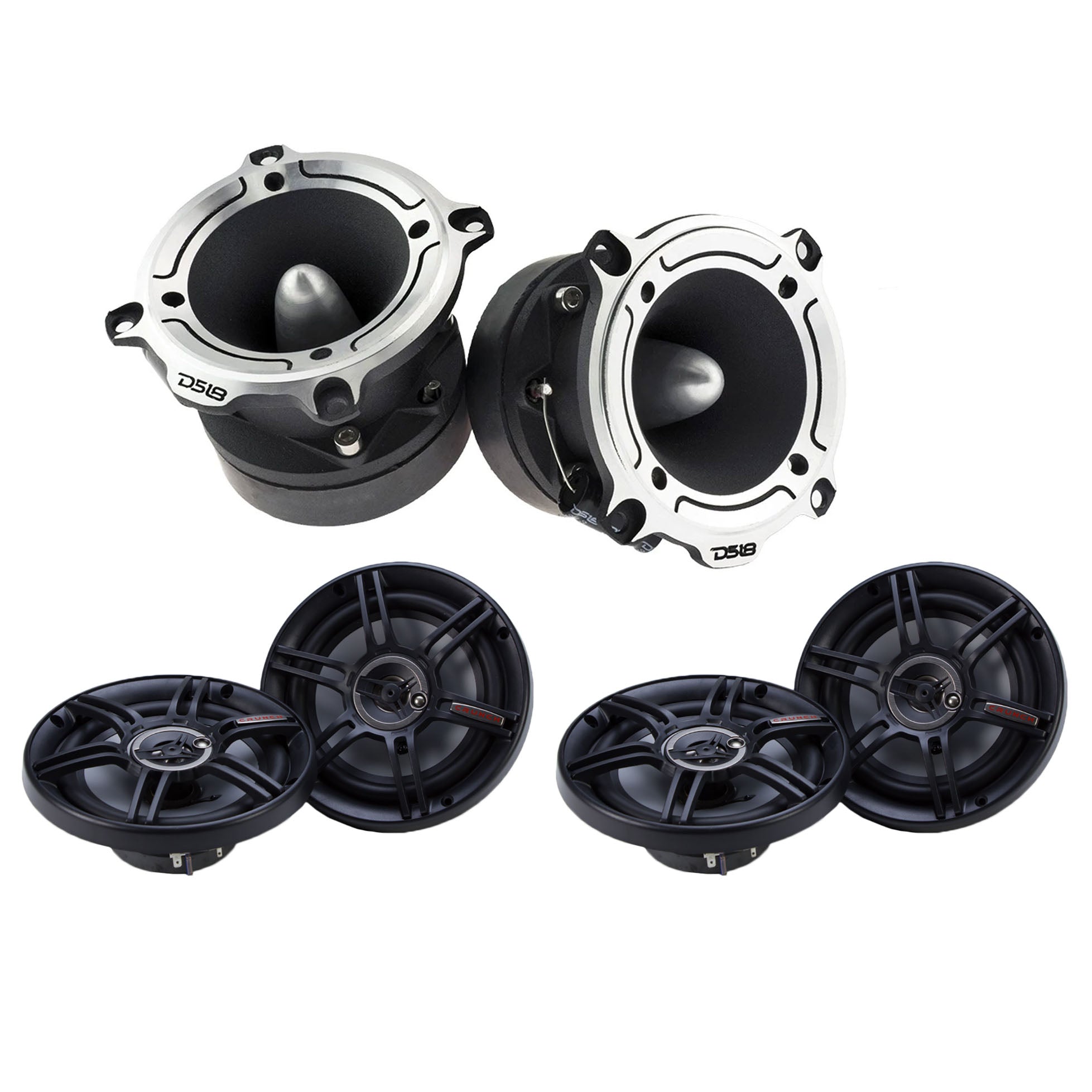 DS18 PRO 1" 350W Bullet Tweeter, Pair w/ Crunch 300W 6.5" Speakers (2 Pair)