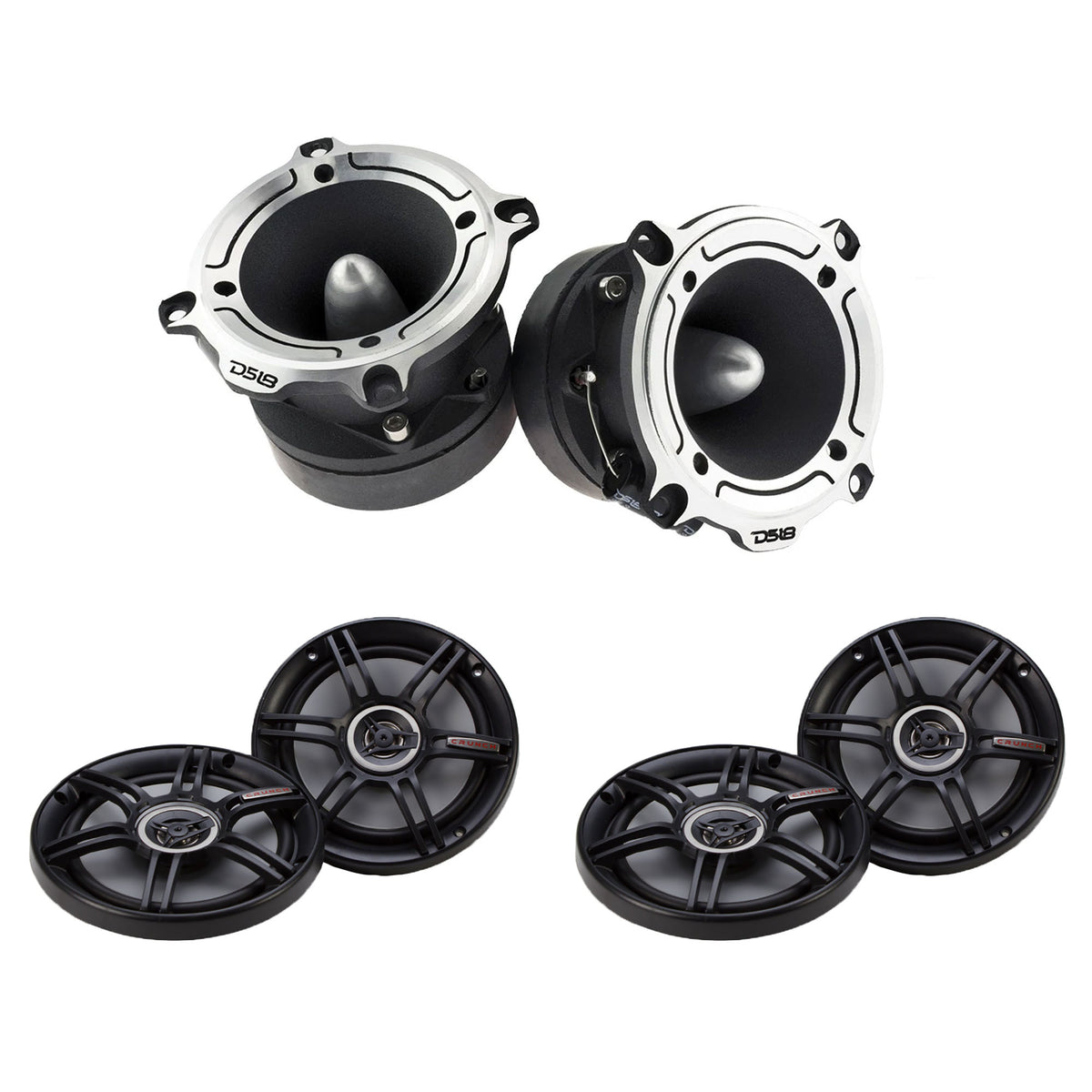 DS18 PRO 1" 350W Bullet Tweeter, Pair w/Crunch 300W 6.5" Speakers (2 Pairs)