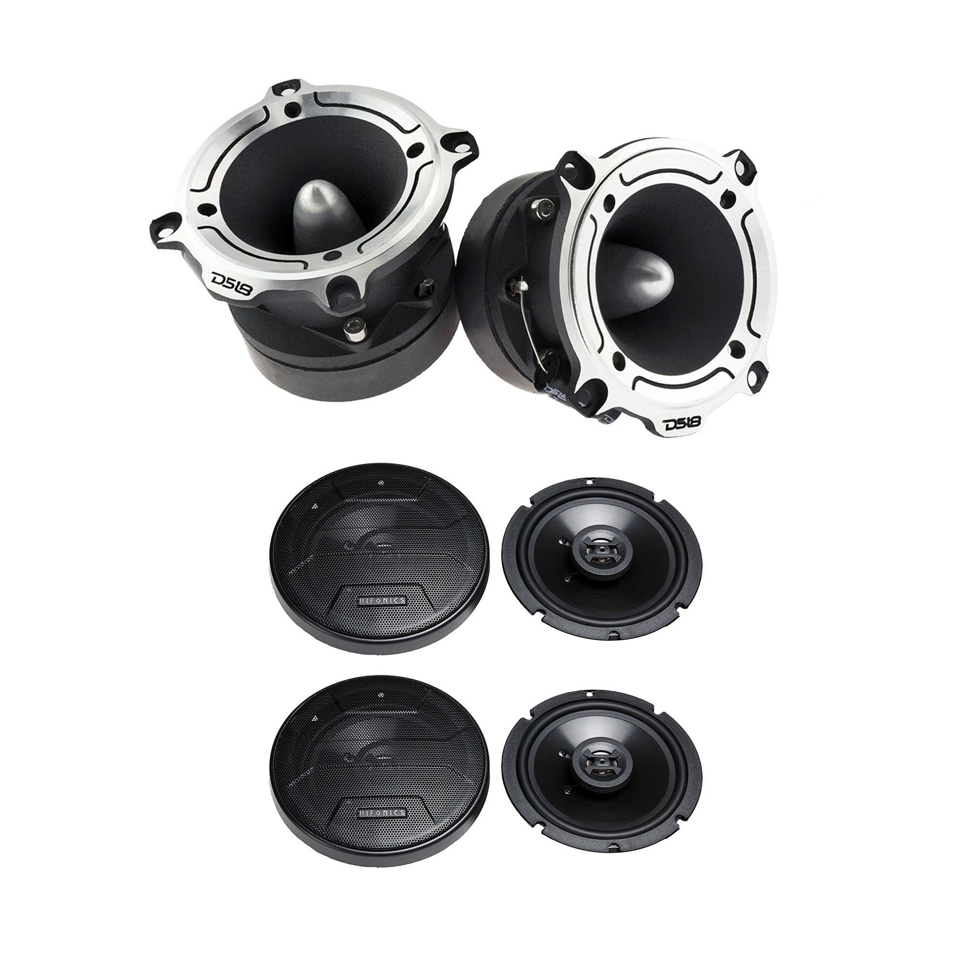 DS18 1" 350W Bullet Tweeter, Pair w/ Hifonics Zeus 6.5" 300W Speakers (2 Pair)