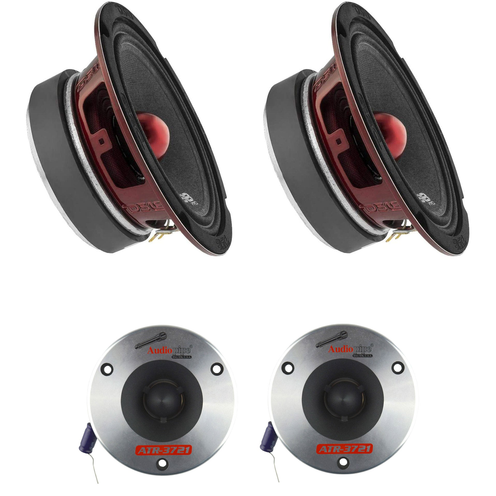DS18 Pro X 6.5" 500W Car Speaker (2 Pack) w/Audiopipe 3.75" Bullet Tweeter, Pair