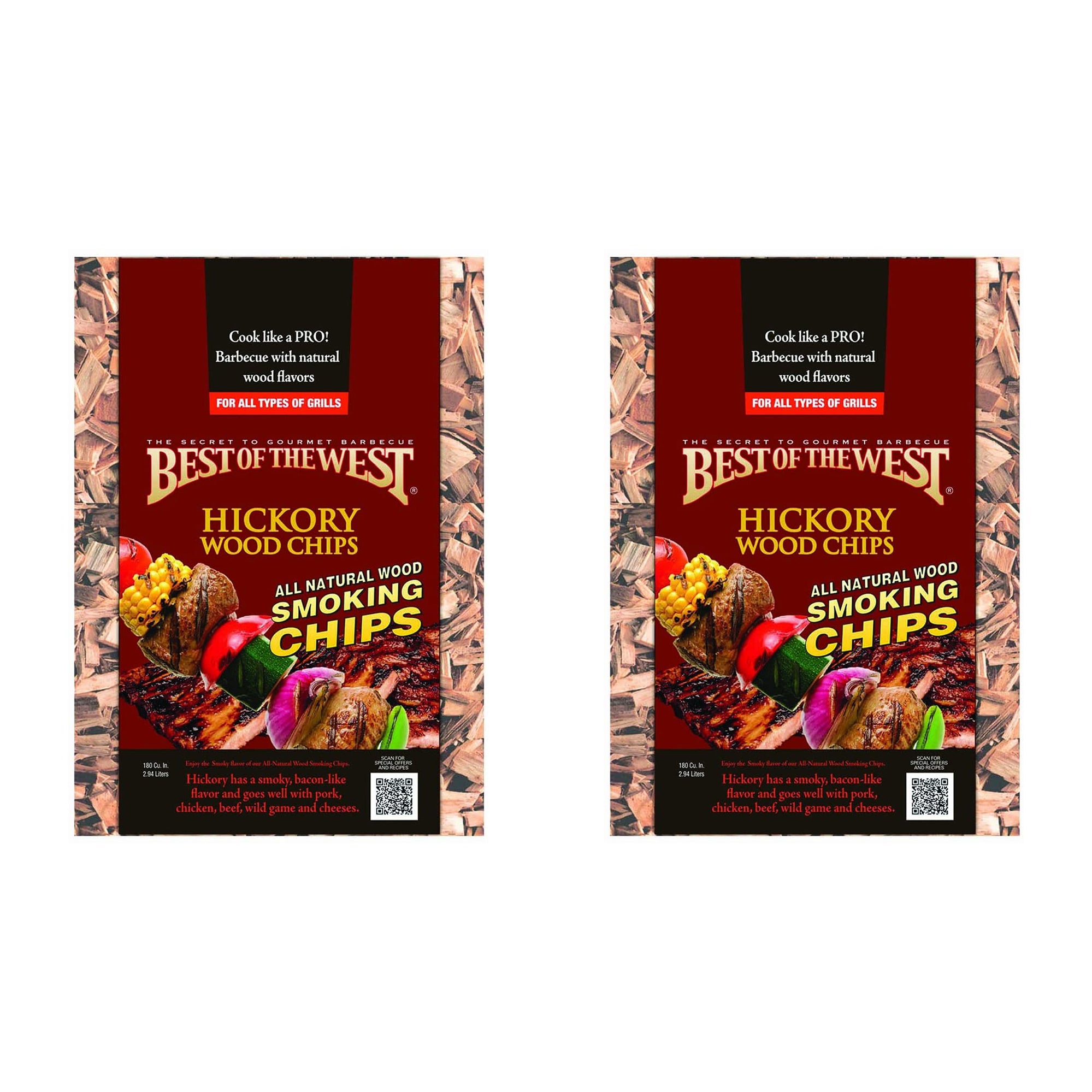 Best of the West Natural BBQ Hickory Wood Smoking Chips, 180 Cu Inches (2 Pack)