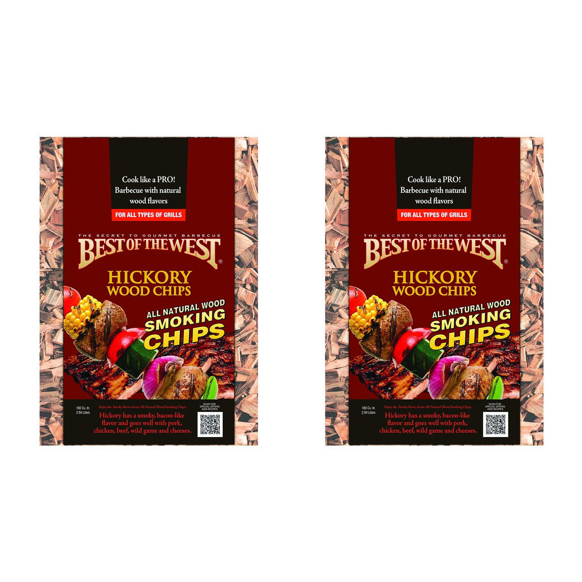 Best of the West Natural BBQ Hickory Wood Smoking Chips, 180 Cu Inches (2 Pack)